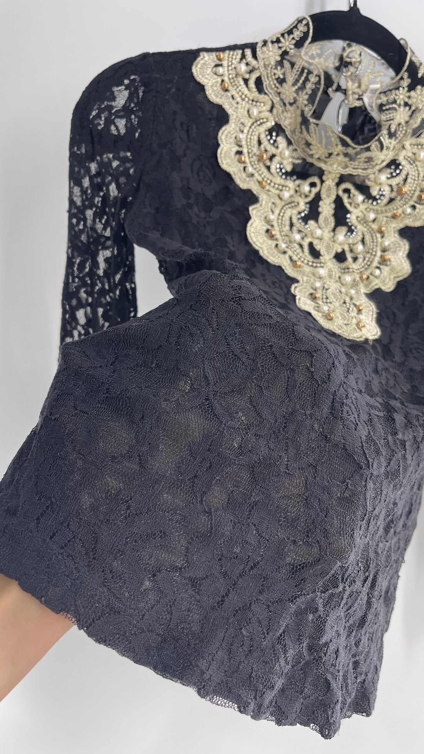 Biexiu Vintage Black Lace Semi Sheer Blouse with Ivory Gold Beaded Embroidered Neckline (Small)