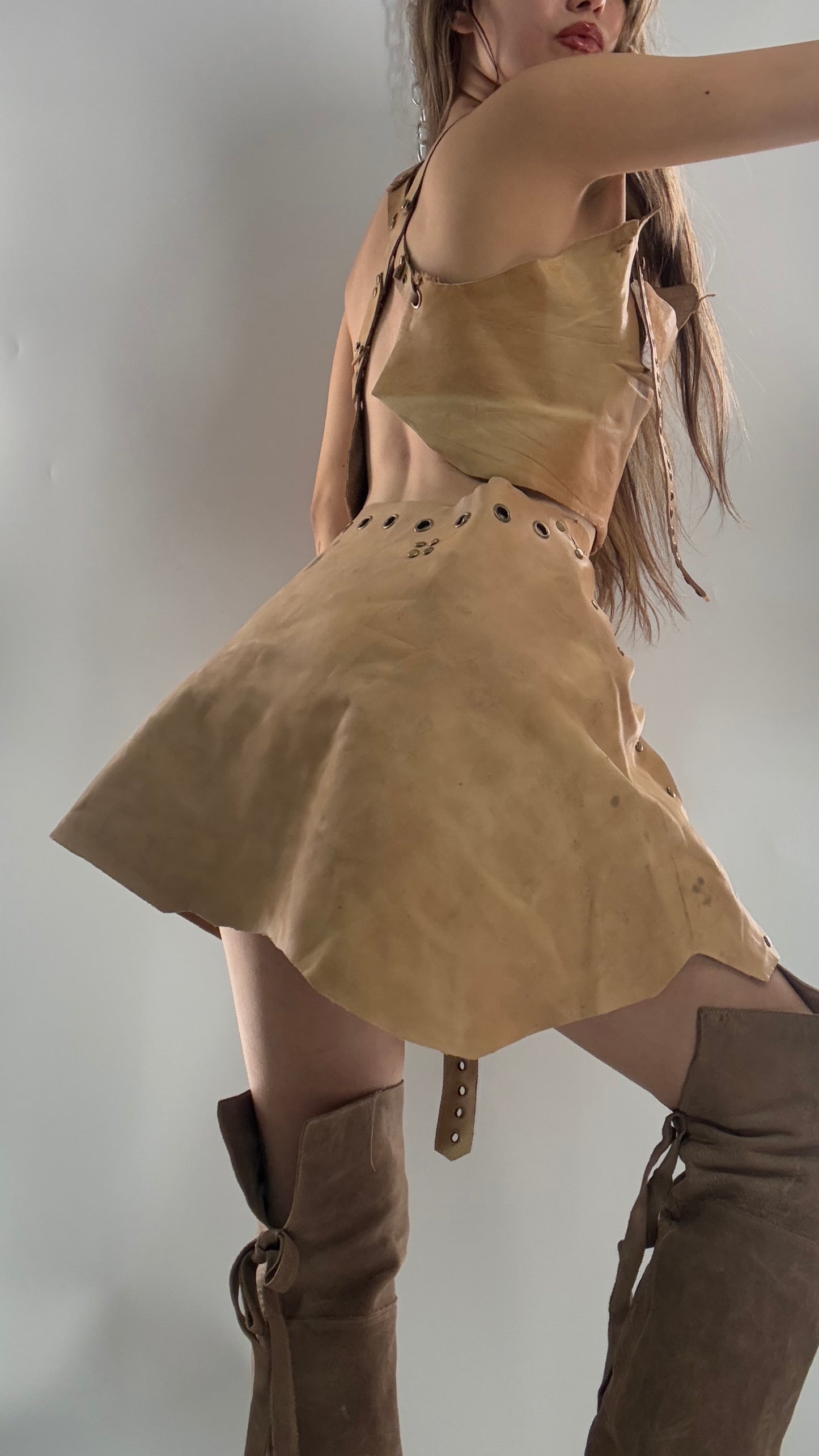 CUSTOM Handmade Rugged and Reversible Distressed Leather Two Piece Set with Grommet Waistband (XS-XL)