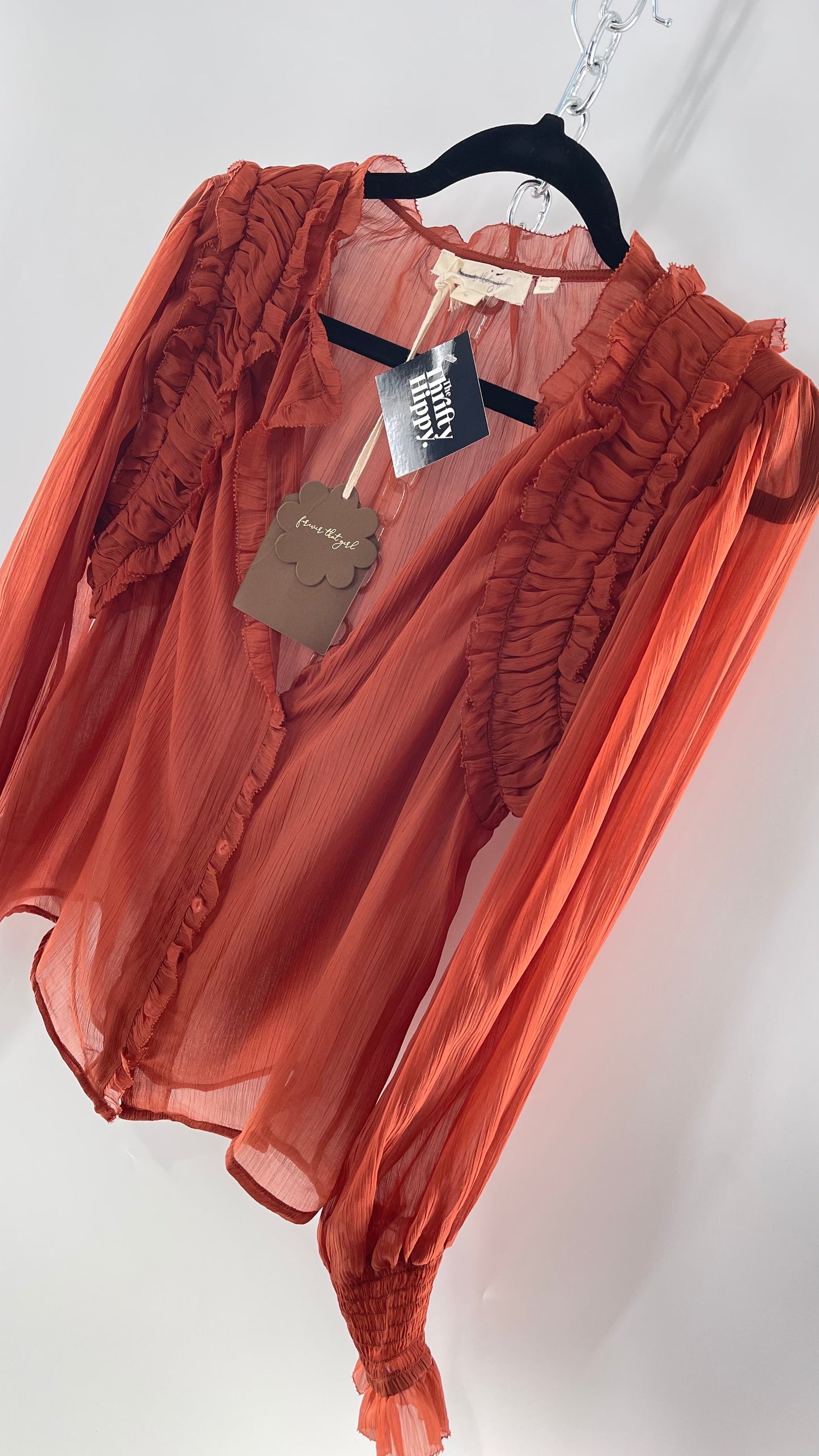 Forever That Girl Burnt Orange Shear Delicate Button Front Top with Pin Tuck Shoulder Detail and Balloon Smocked Sleeve (Medium)