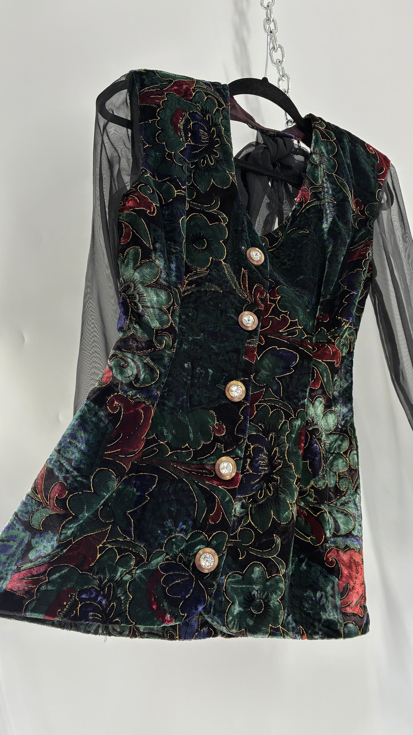 Deadstock Vintage RAMPAGE 1980s Micro Mini Dress Velour with Sheer Bubble Sleeves, Open Back, Elaborate Crystal Buttons and Bow Back Detail (Small)