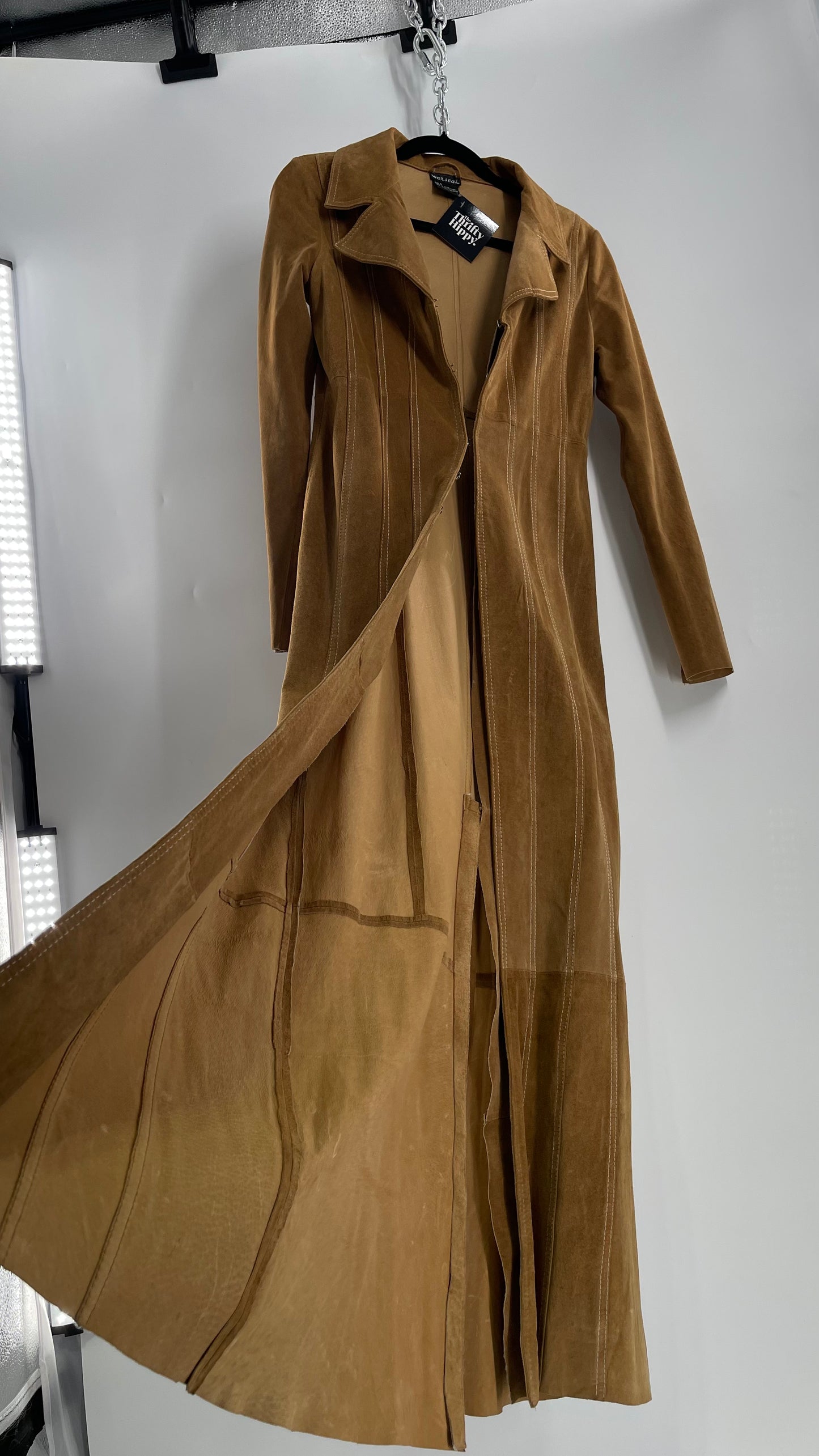 Vintage Wet Seal Full Length Paneled Tan Leather Sweeping Coat (Small)