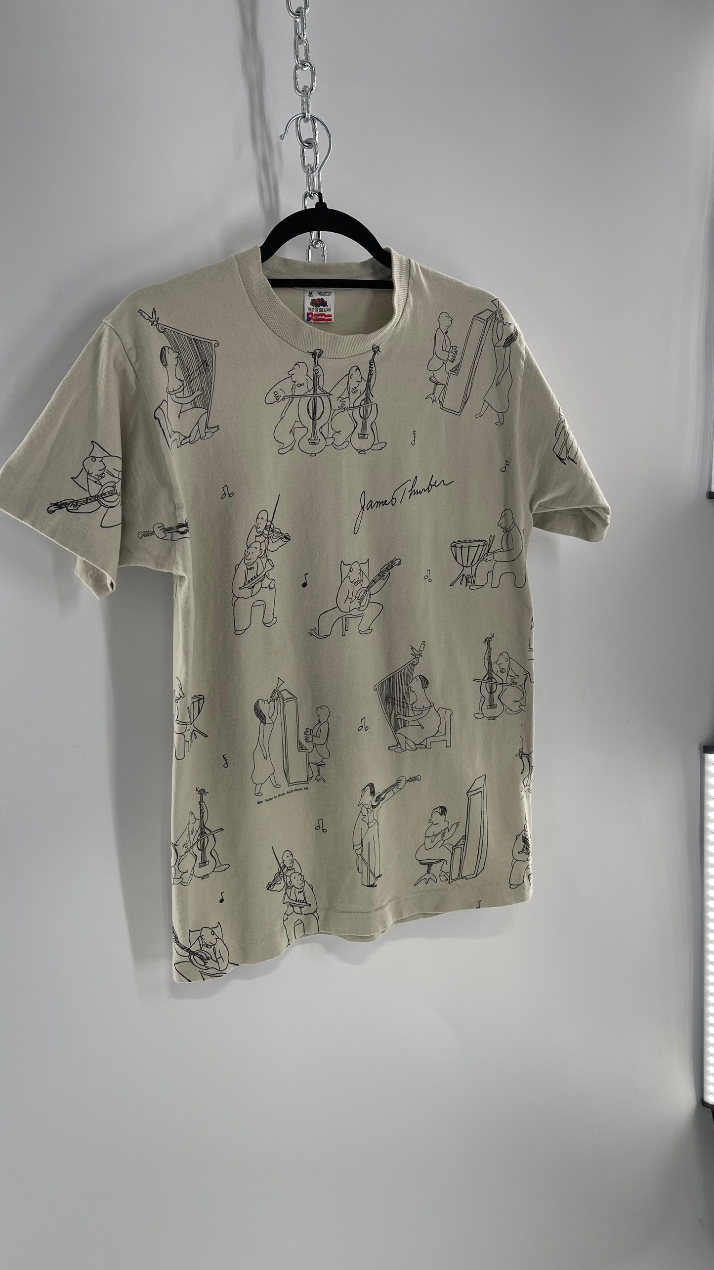 Vintage James Thurber Welcome to the Opera Beige Doodle Comic Sketch T Shirt (M)