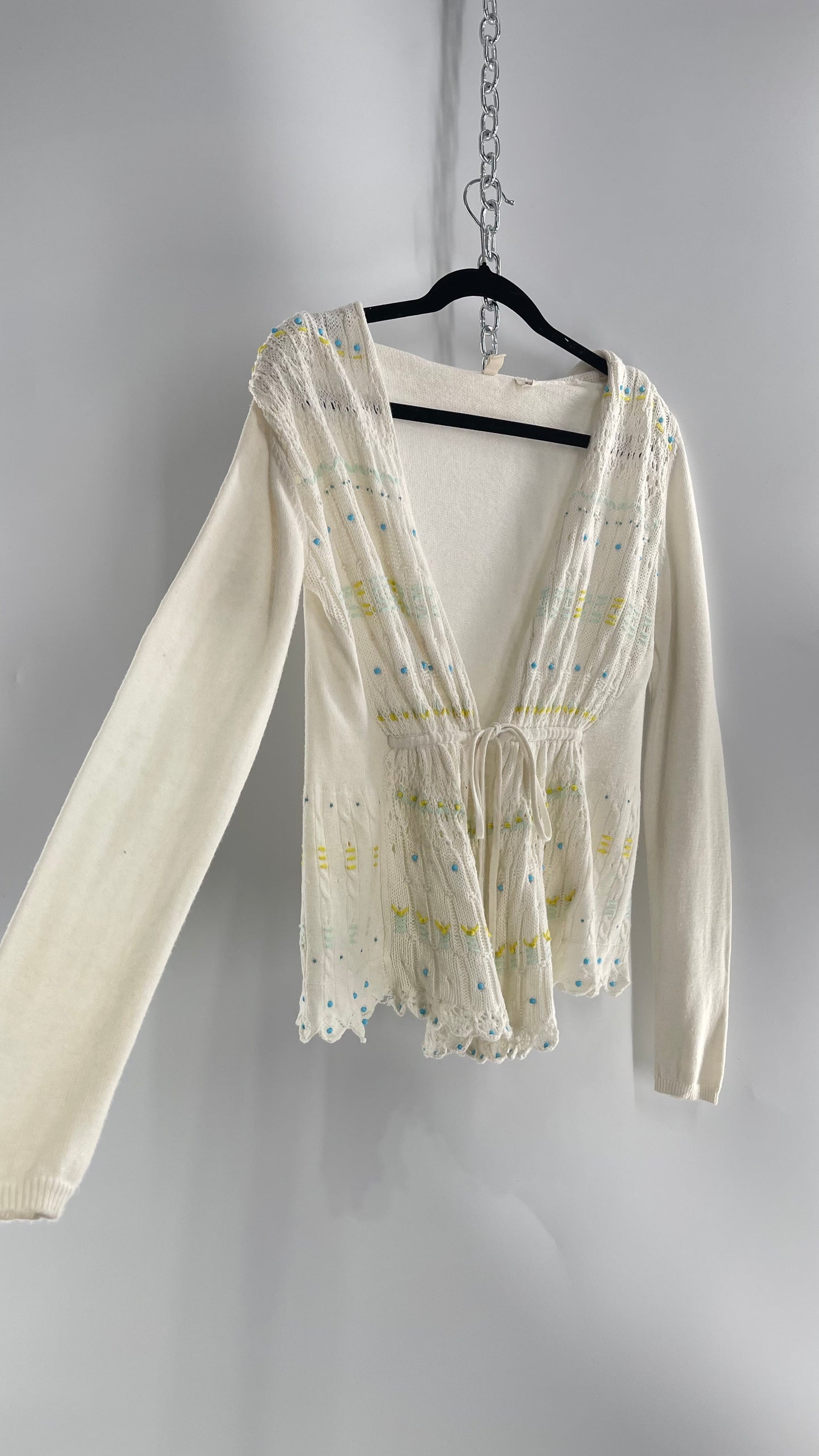 MOTH Anthropologie Beige Knit Tie Bust Sweater with Embroidered Daisies and Delicate Beading (Small)