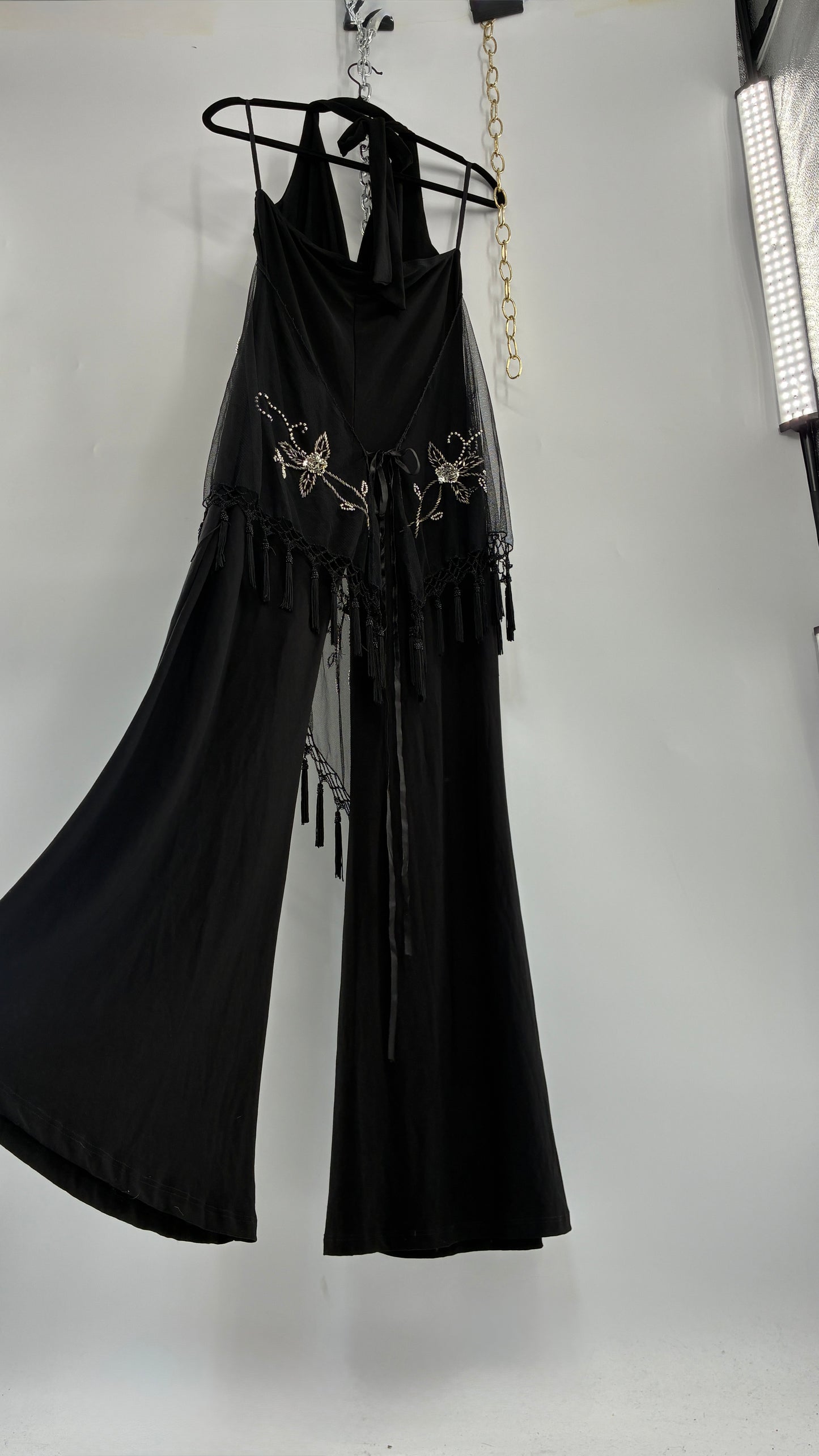 Vintage JANICE Black Jumpsuit with Fringe Embroidered Waist Detail (Large)