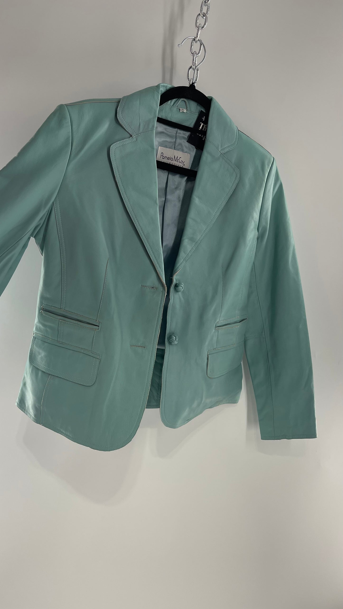 Vintage 1990s Pamela McCoy Eggshell/Tiffany Blue Leather Blazer Jacket (XS)