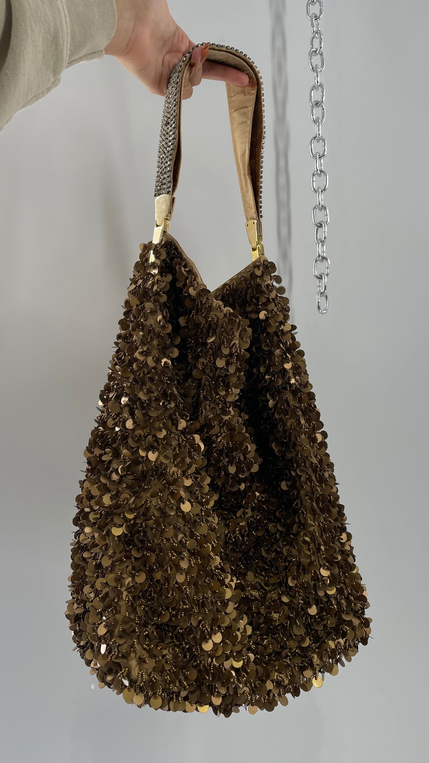 Deadstock The Find Marvelous Bronze Beaded Sequin Tote Bag with Gemstone Strap