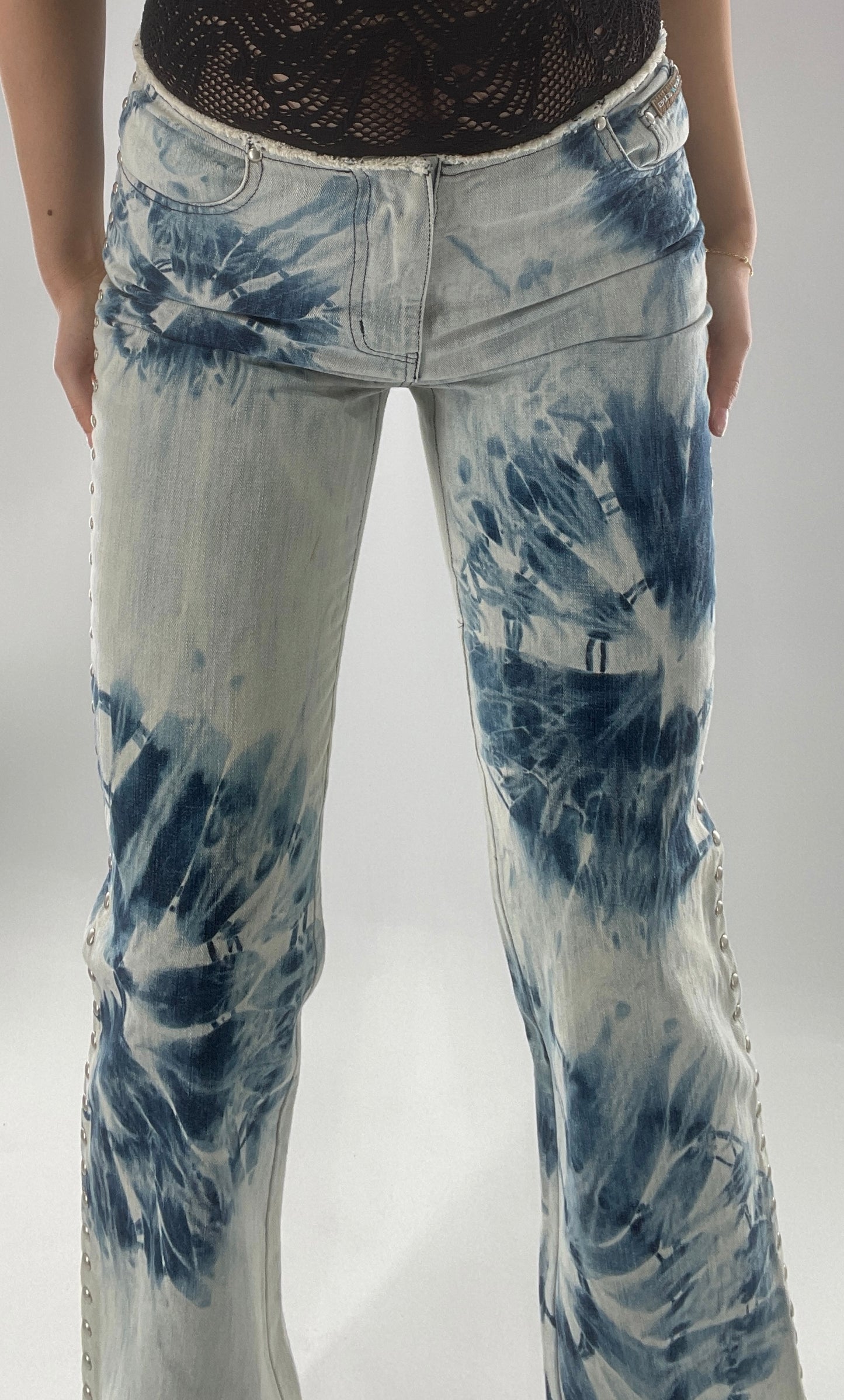 Vintage 1990s DKNY Light Bleached Jeans with Tie Dye Denim Pattern, Raw Edge Low Rise, and Studded Sides (5)