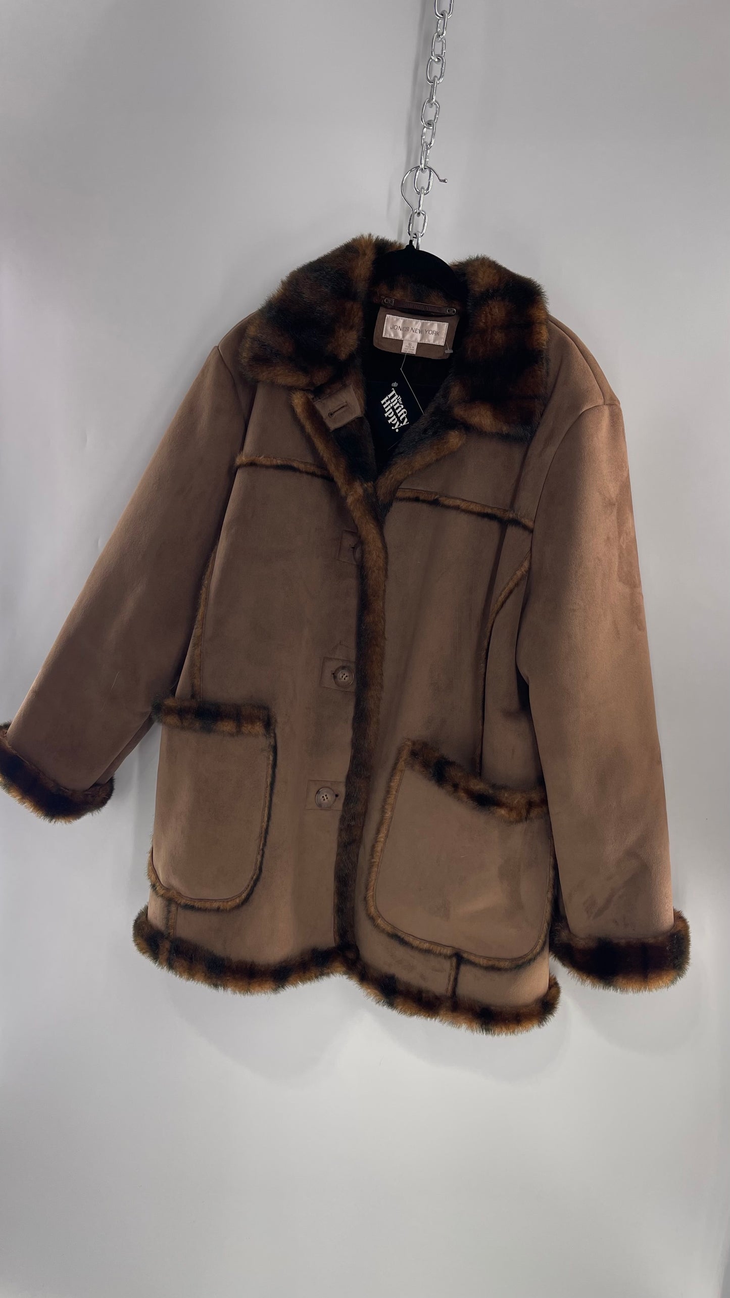 Jones New York Brown Faux Suede Jacket with Faux Fur Piping (C) (XL)