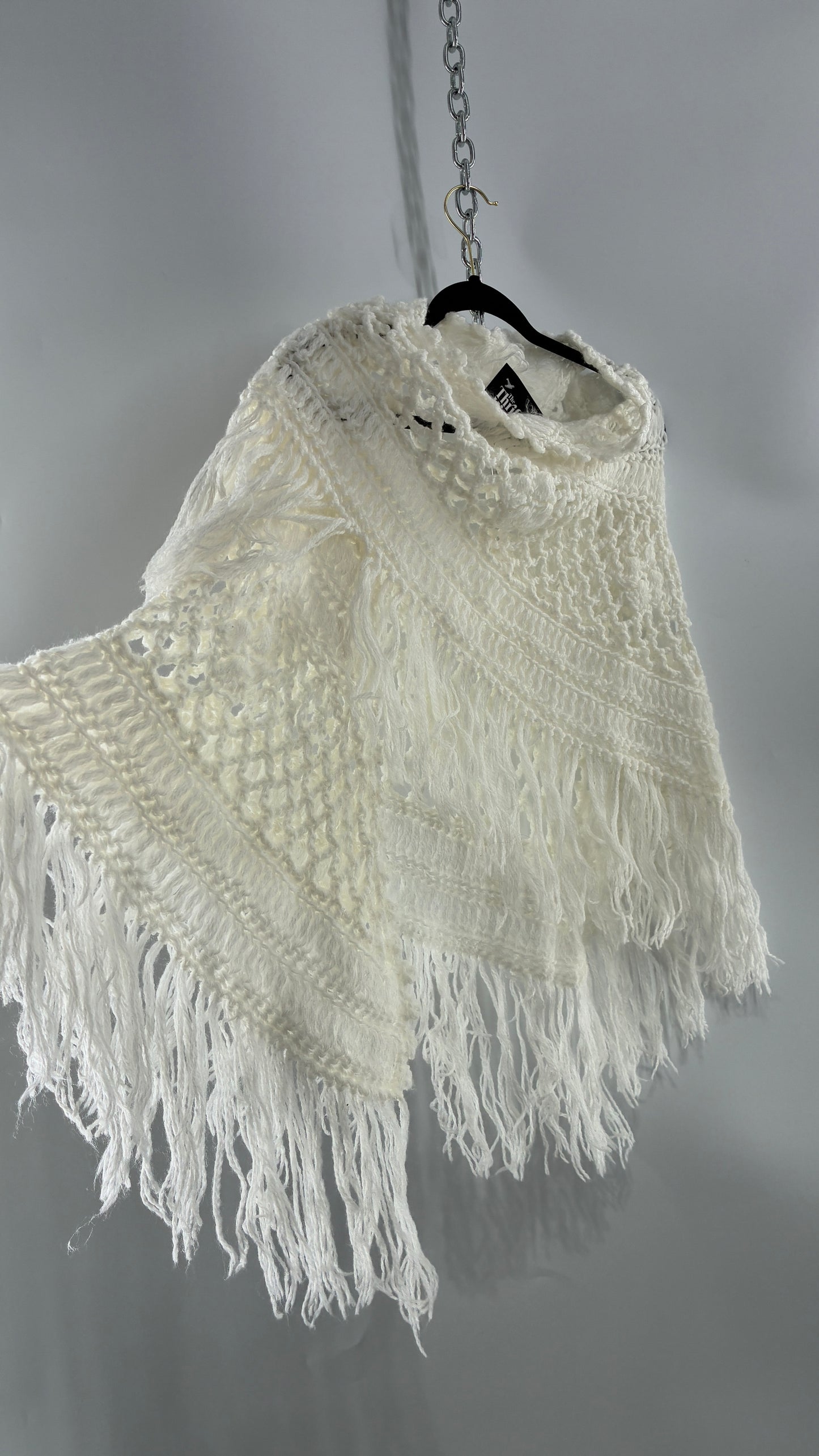 Vintage Off White Hand Knit Scarf Poncho Shawl Cape