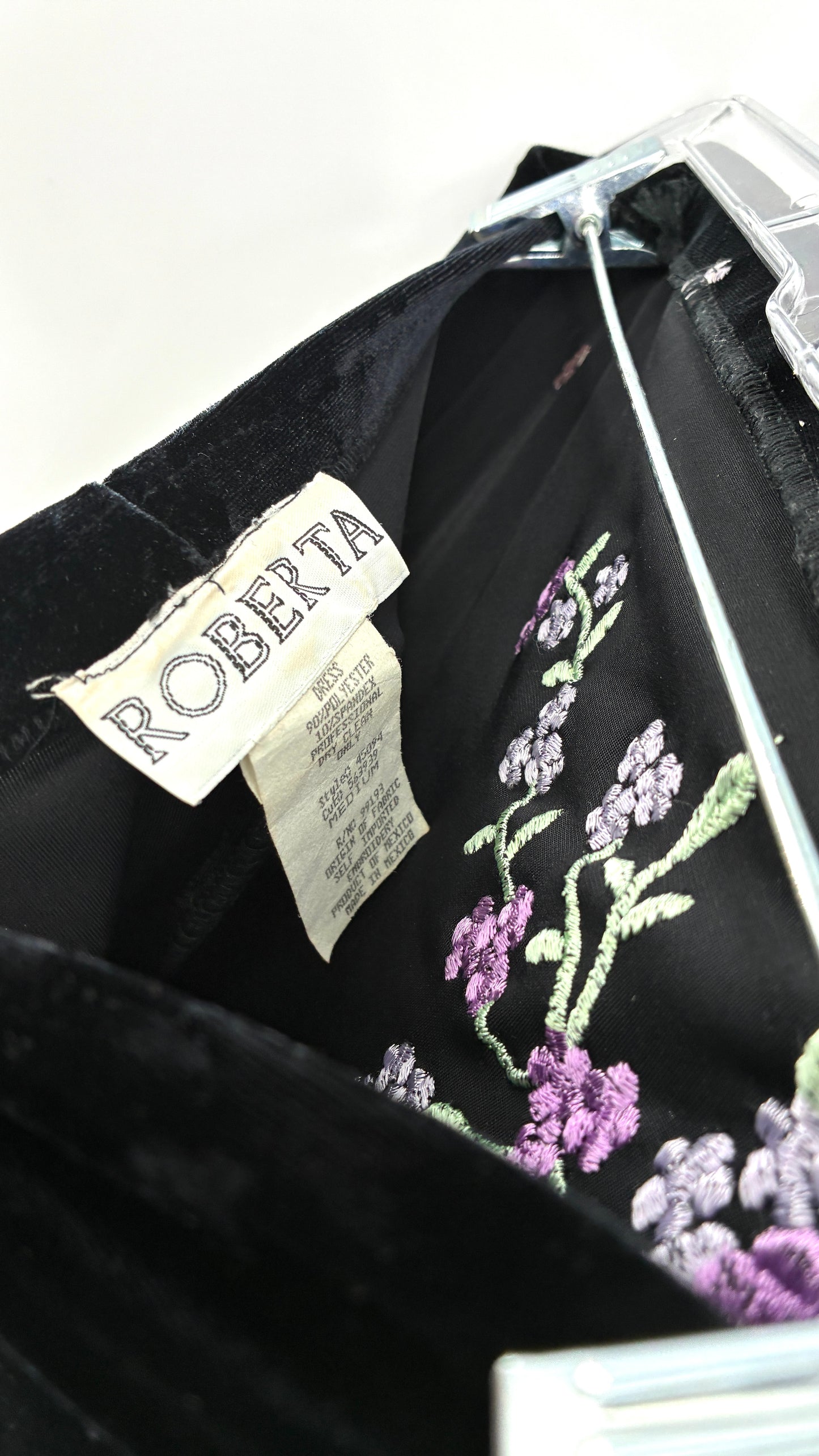 Vintage ROBERTA 1990s Black Velour Strapless Dress with Embroidered Flowers (Medium)