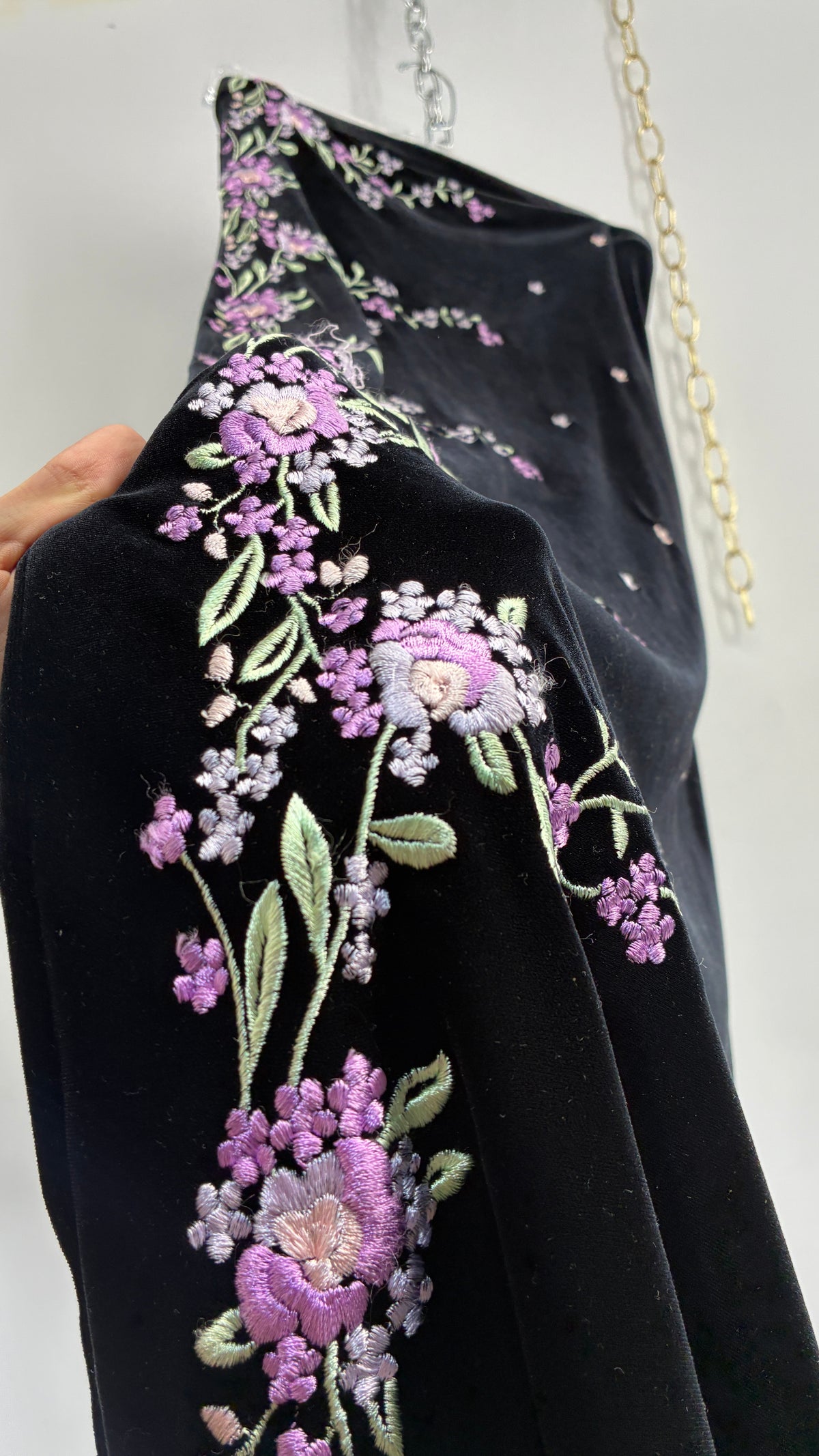 Vintage ROBERTA 1990s Black Velour Strapless Dress with Embroidered Flowers (Medium)