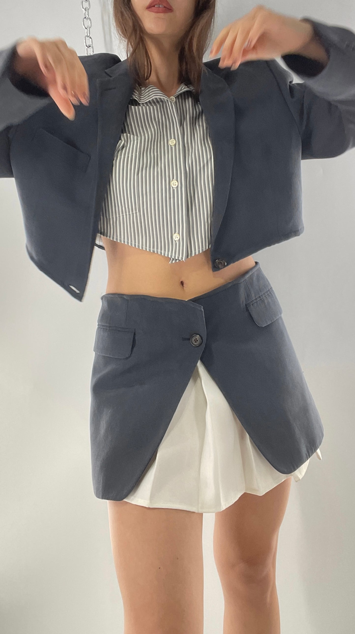 CUSTOM Handmade 2pc Suit Set Gray/Blue with Open Corset Back Skirt and Cropped Jacket (One Size)