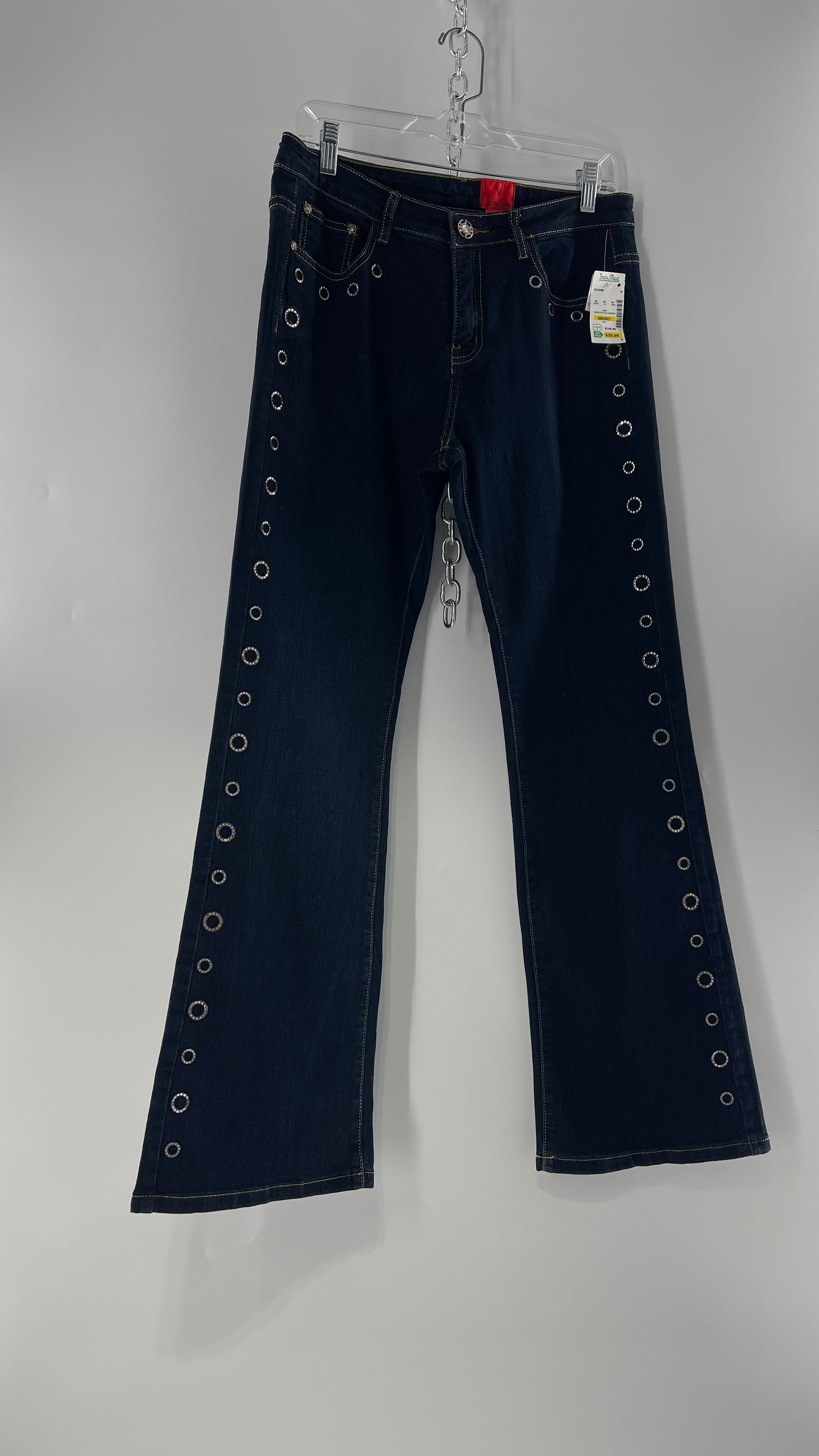 Deadstock Vintage V Christina Dark Wash Gemstone Gold Grommet Jeans (10)