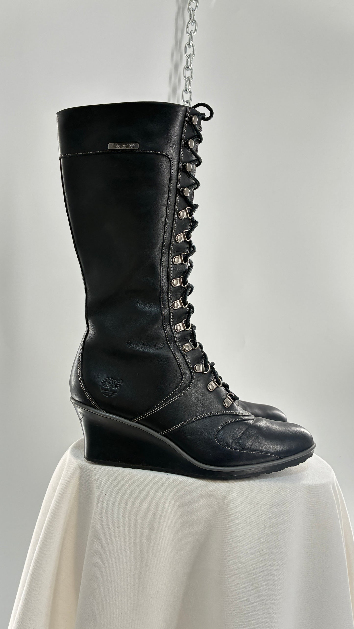 Vintage TIMBERLAND Black Genuine Leather Wedge Boots (10)