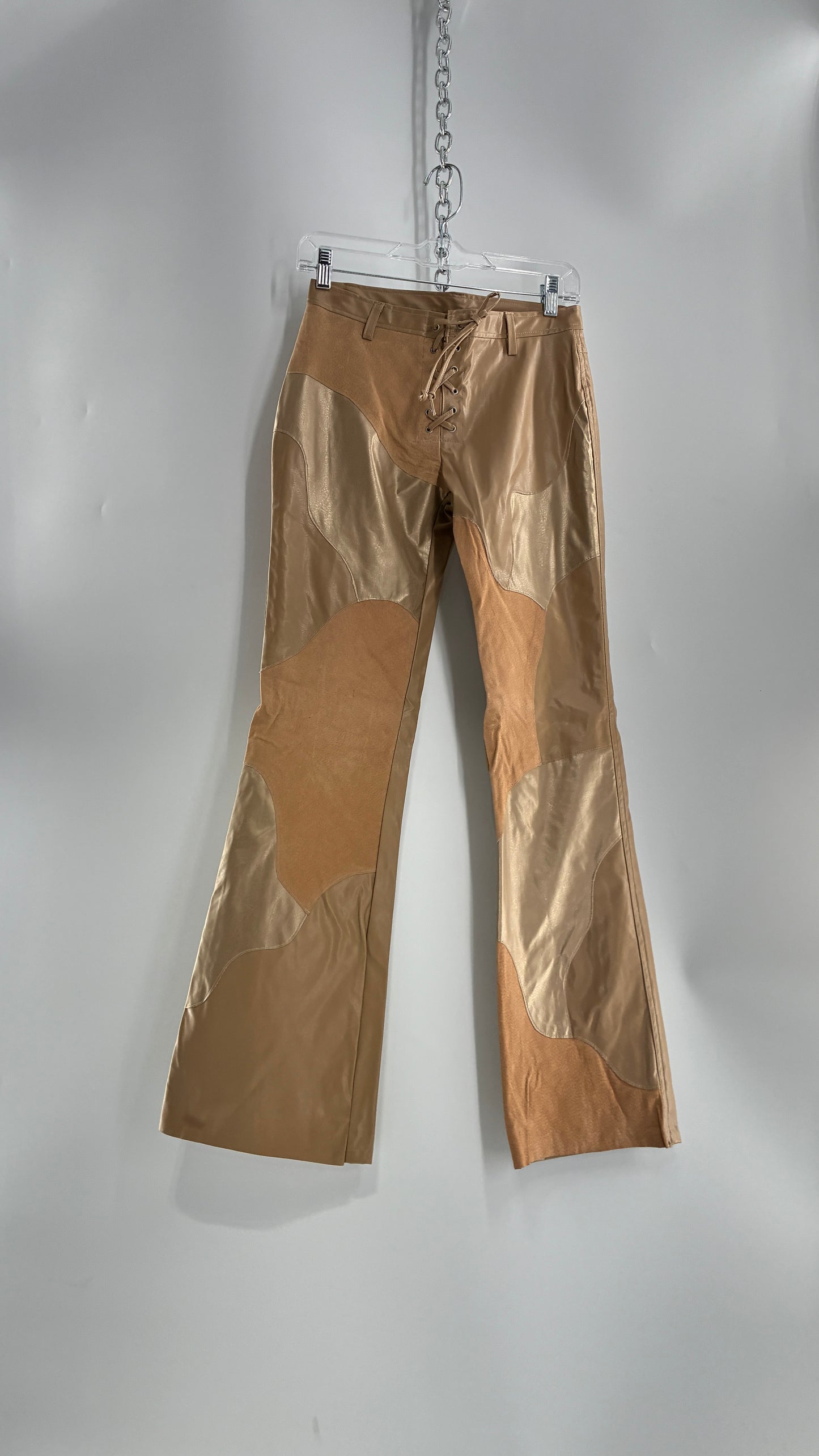 Vintage OUTER EDGE Patchwork Vegan Leather Kickflares with Tie Up Waistline (5)