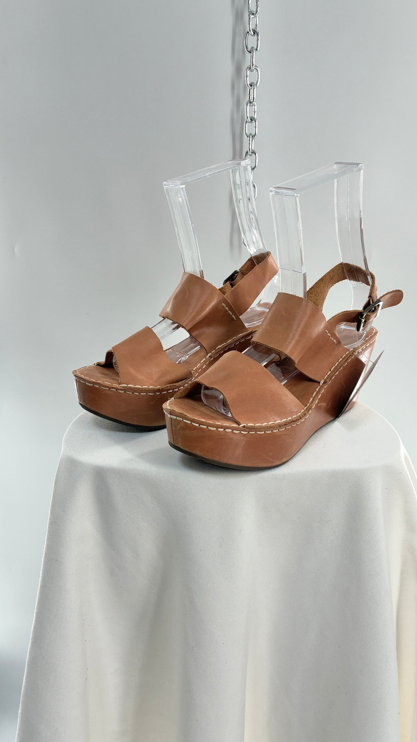 Chocolat Blu Tan Genuine Leather Wedge Platform Sandals (8.5)