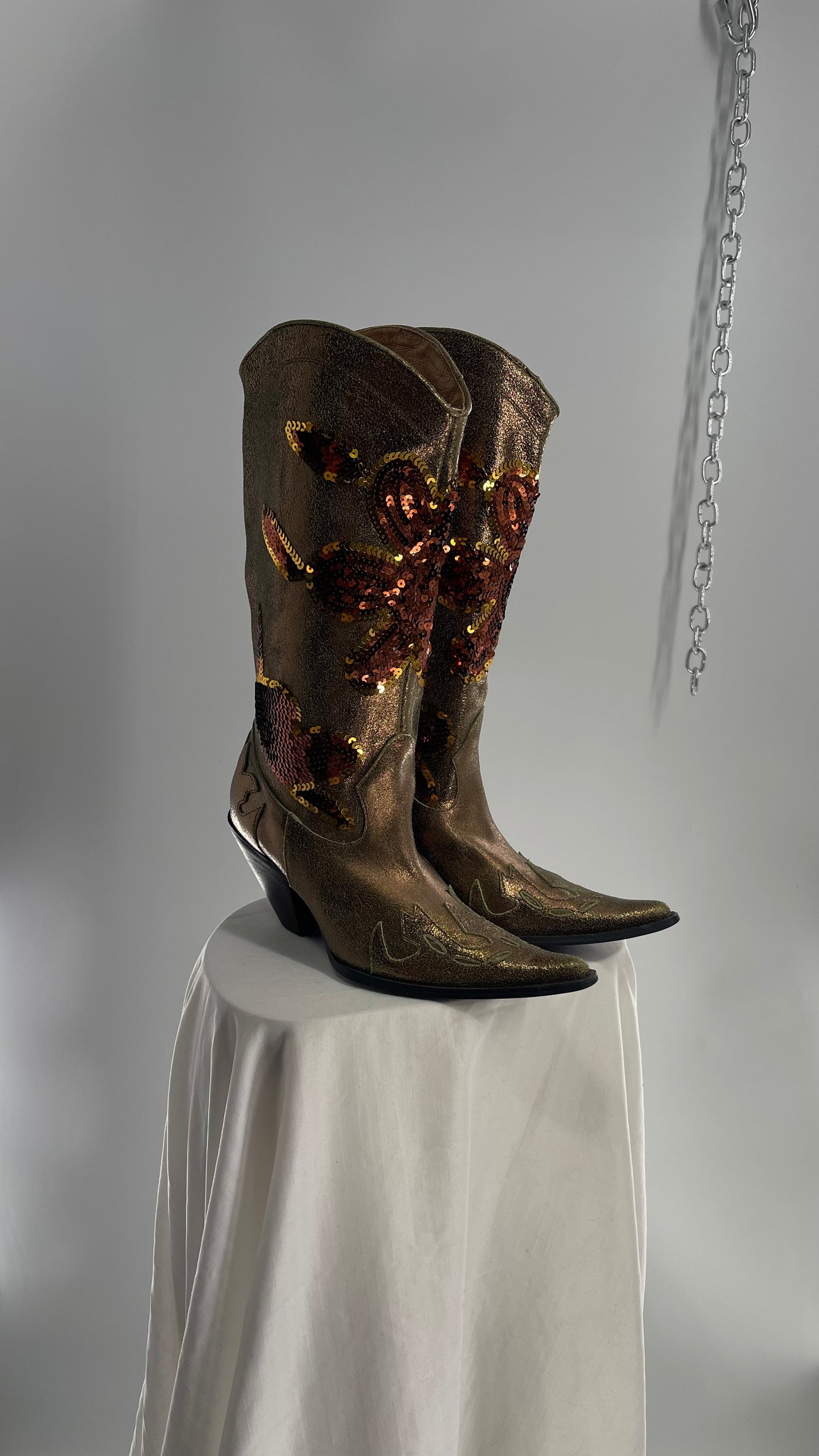 RARE Vintage Foot Candy Sage Green/Bronze Leather Cowboy Boots with Sequin Flowers and Flame Details (6.5)