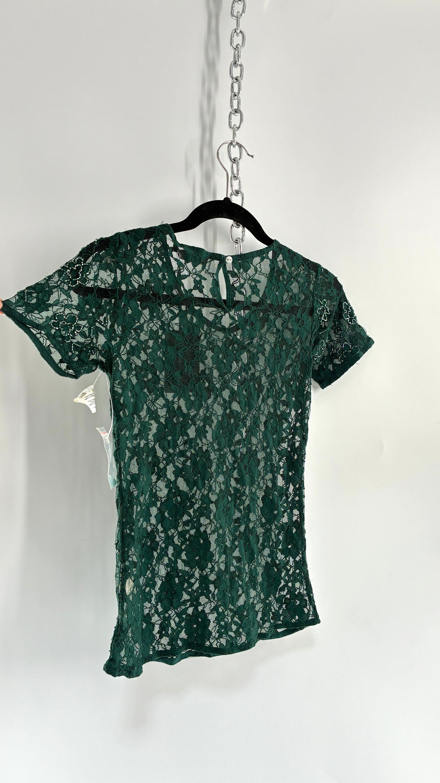Imported Deadstock Vintage Green Beaded Floral Lace Fitted T (XS/S)
