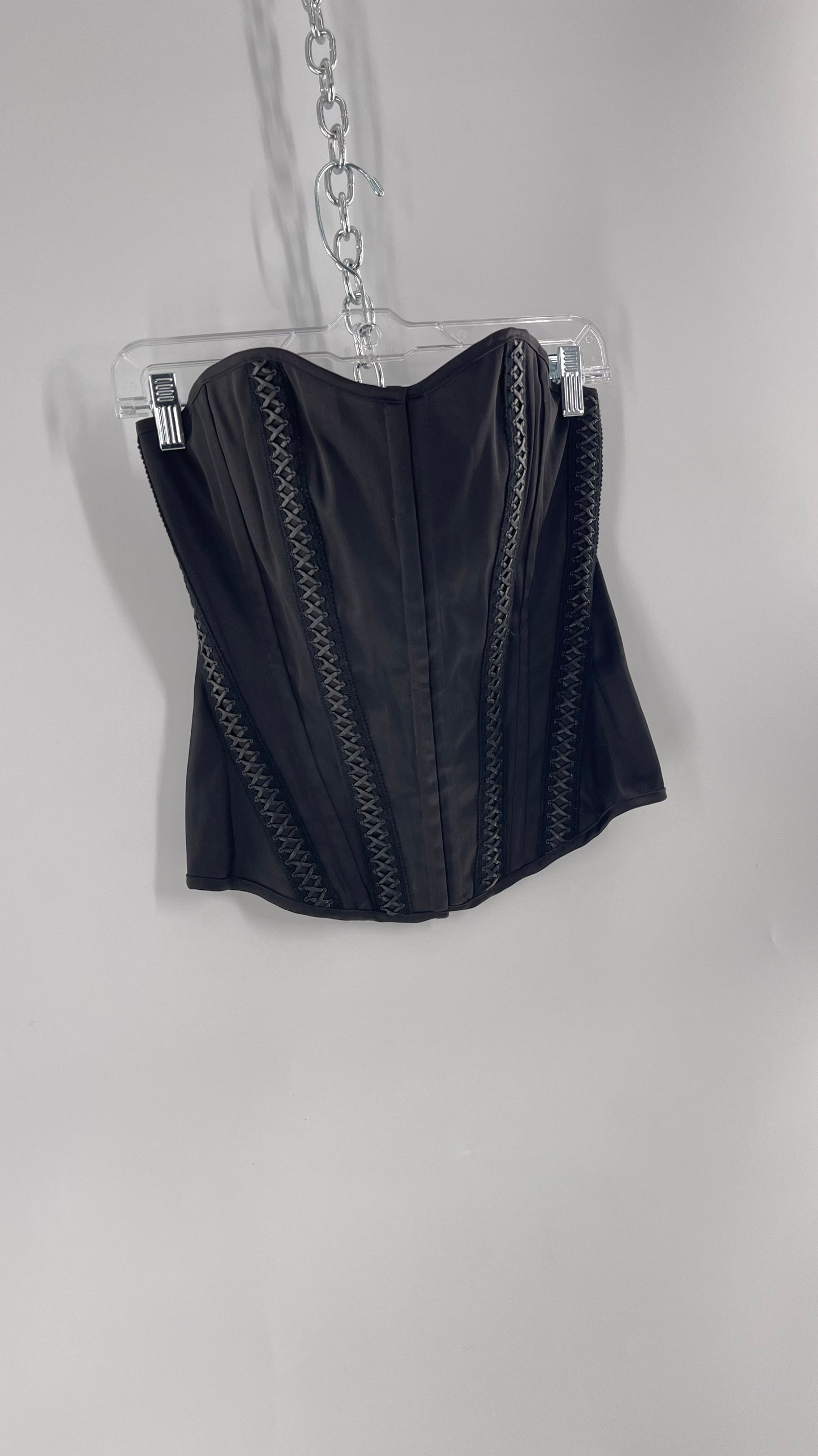 Vintage Charlotte Russe Black Boned Corset with Criss Cross Leather Details and Lace Up Back (Large)