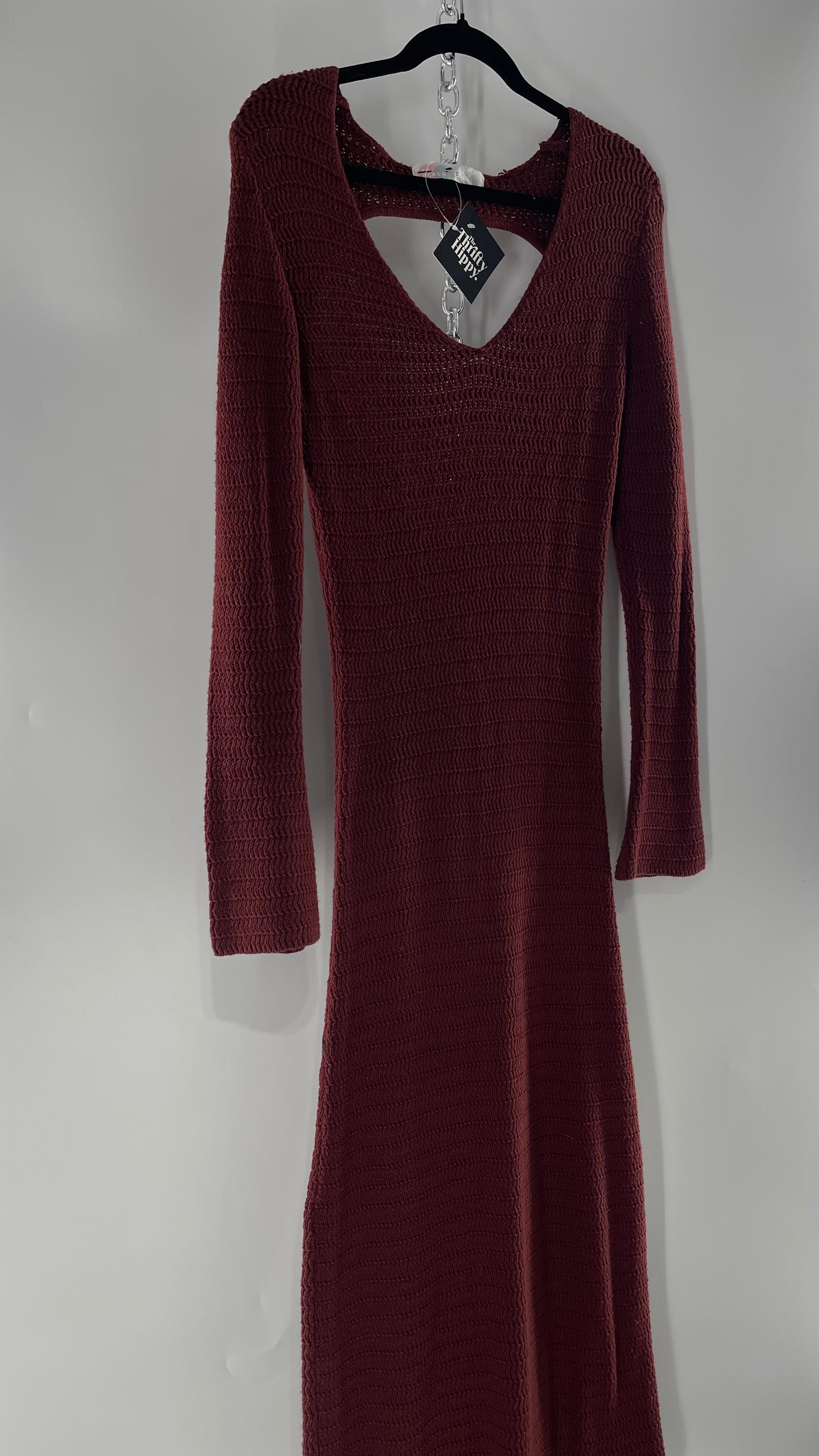 Free People Burgundy Knit Maxi Dress with Open Back and Bell Sleeves (Small)