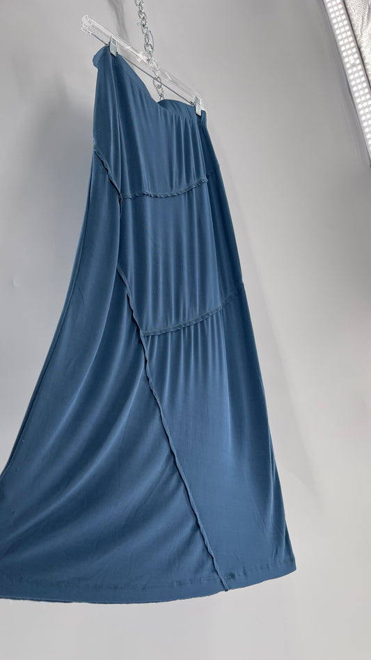 Free People Slinky Blue Long Skirt with Abstract Seam Stitching (Medium)