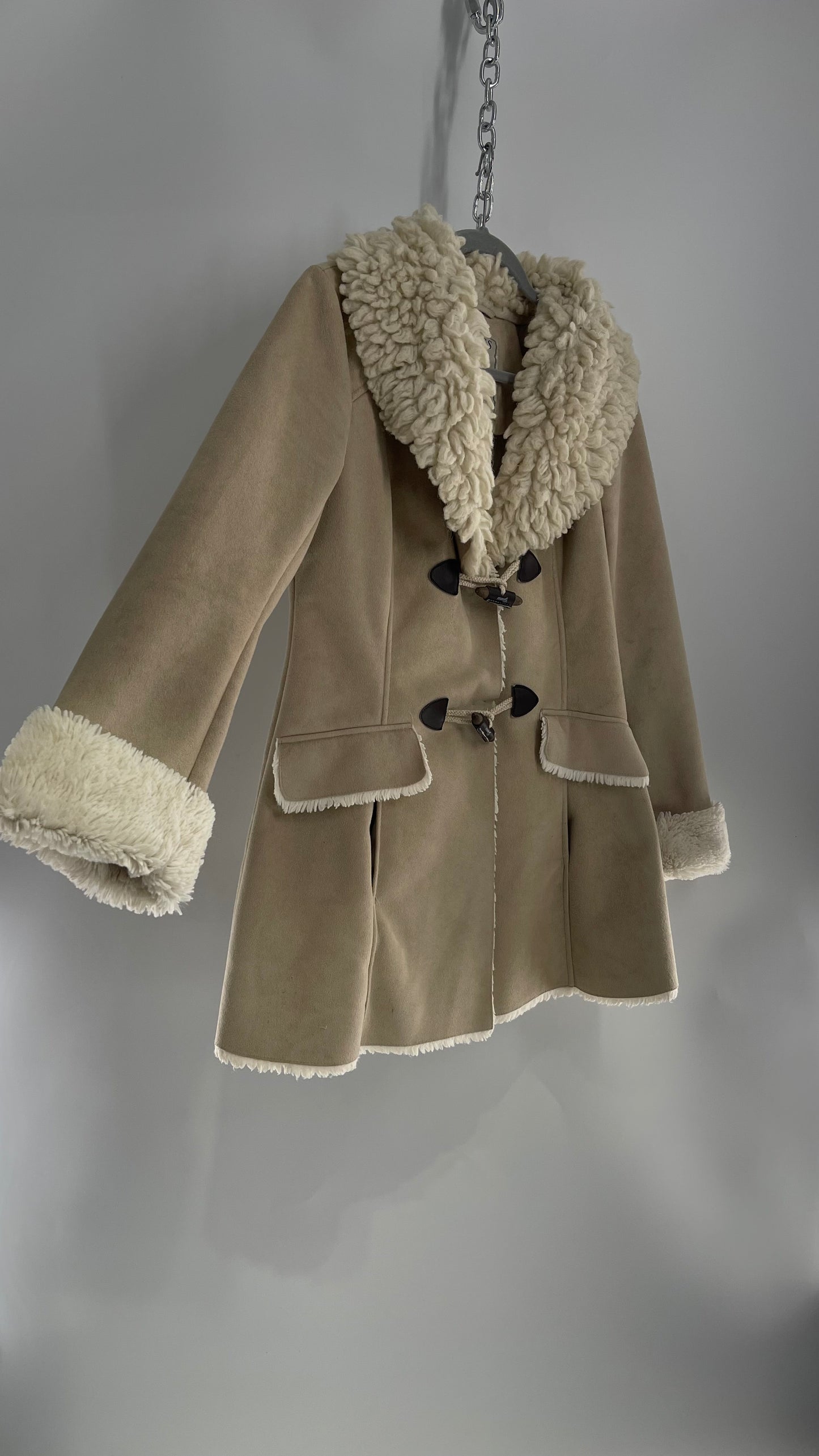 1990s GUESS Tan Vegan Suede Sherpa Lined Coat with Exaggerated Fur Collar (Small)