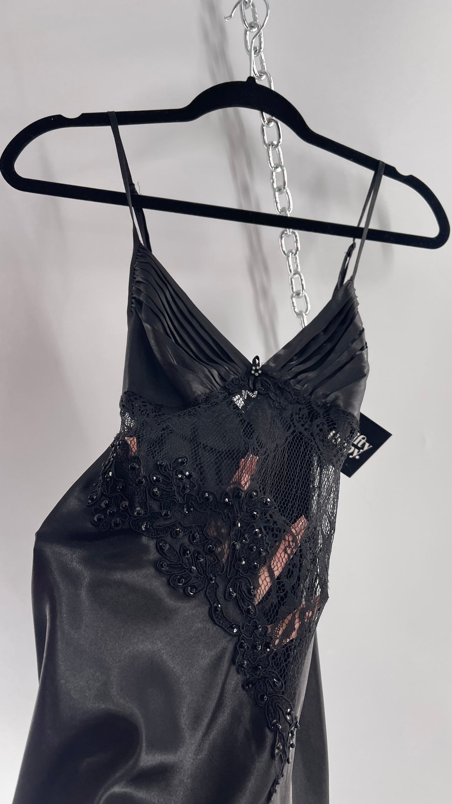 La Vie en Rose Black Silky Slip Mini Dress with Lace Cut Out, Pleated Bust and Beaded Lace Appliqué (XS)