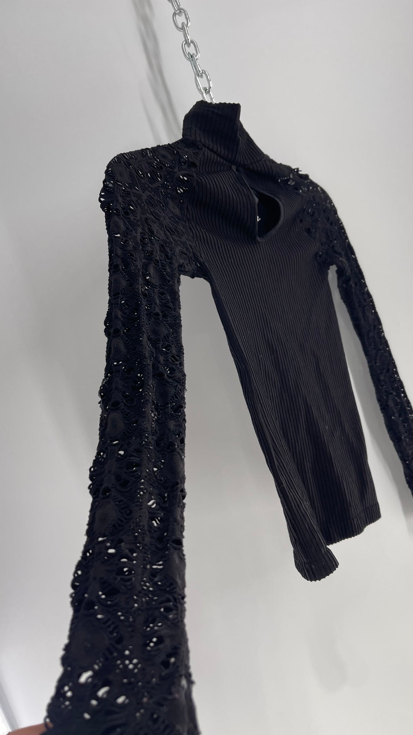 Free People Worn Black Spandex/Nylon Turtle Neck with Lace/Perforated Sleeves (XS/S)