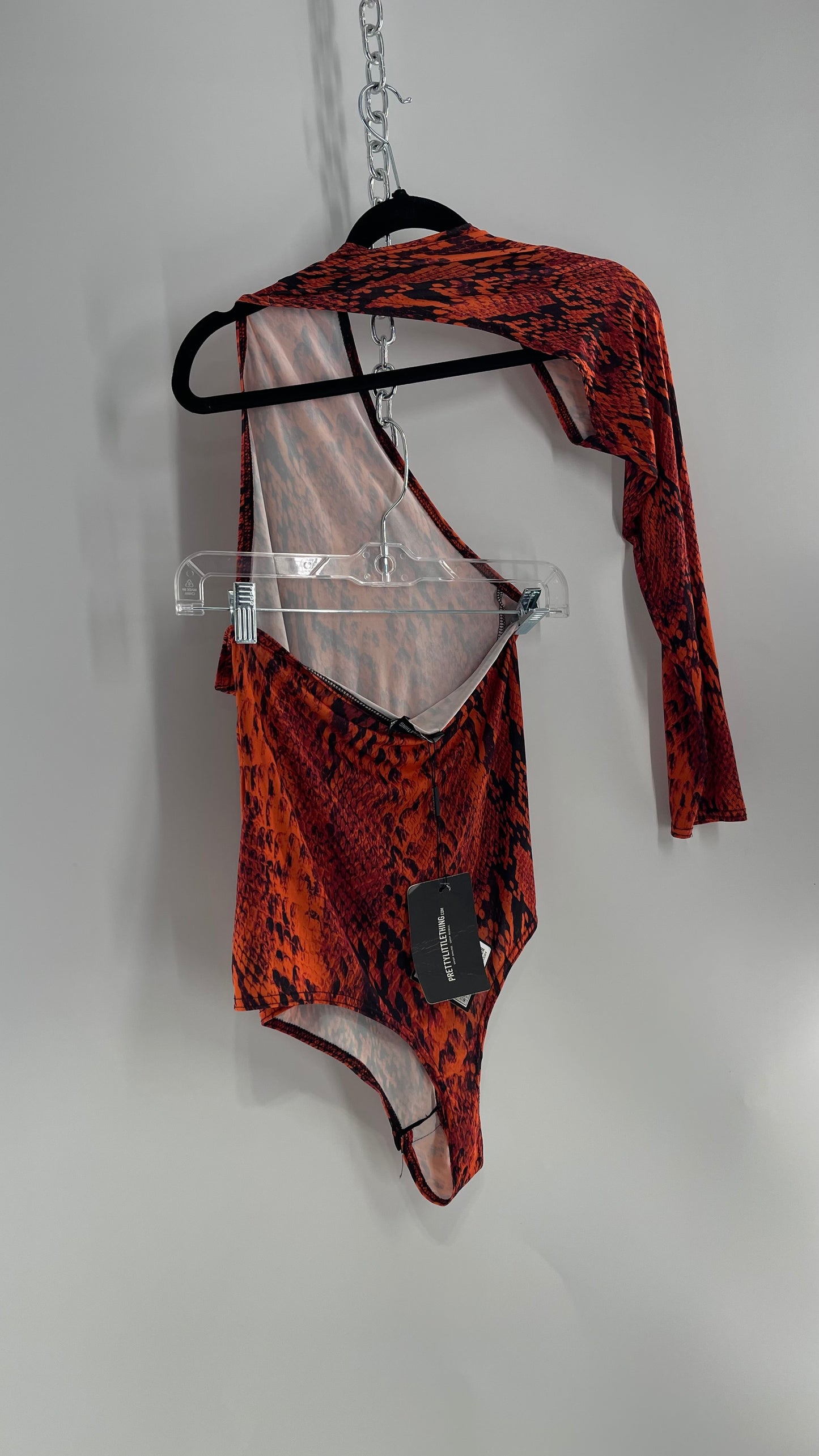 Pretty Little Thing Orange Snake Print Wrap Around Single Sleeve Bodysuit with Tags Attached(12)