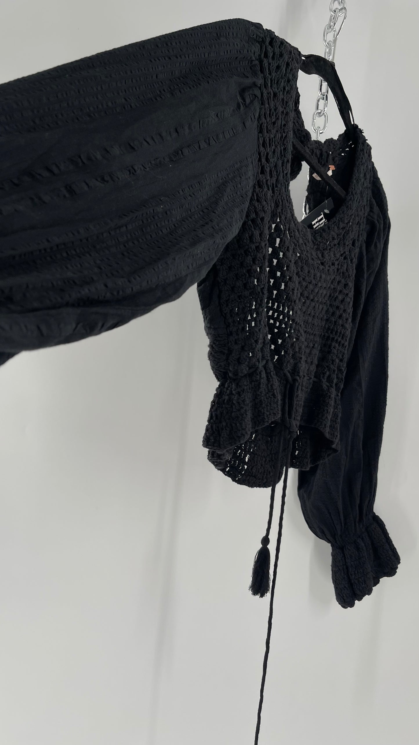 Free People Black ‘Megan’ Woven Macrame Crochet Cropped Blouse with Balloon Sleeves and Flared Cuffs (XS)