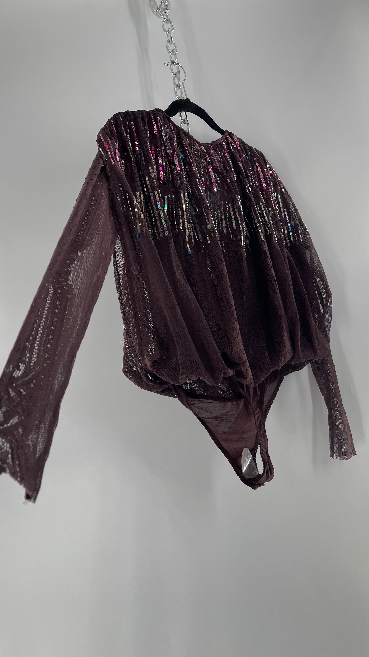 Intimately Free People Plum Mesh Bodysuit with Lace Sleeves and Beaded/Sequined/Embellished Body (Medium)