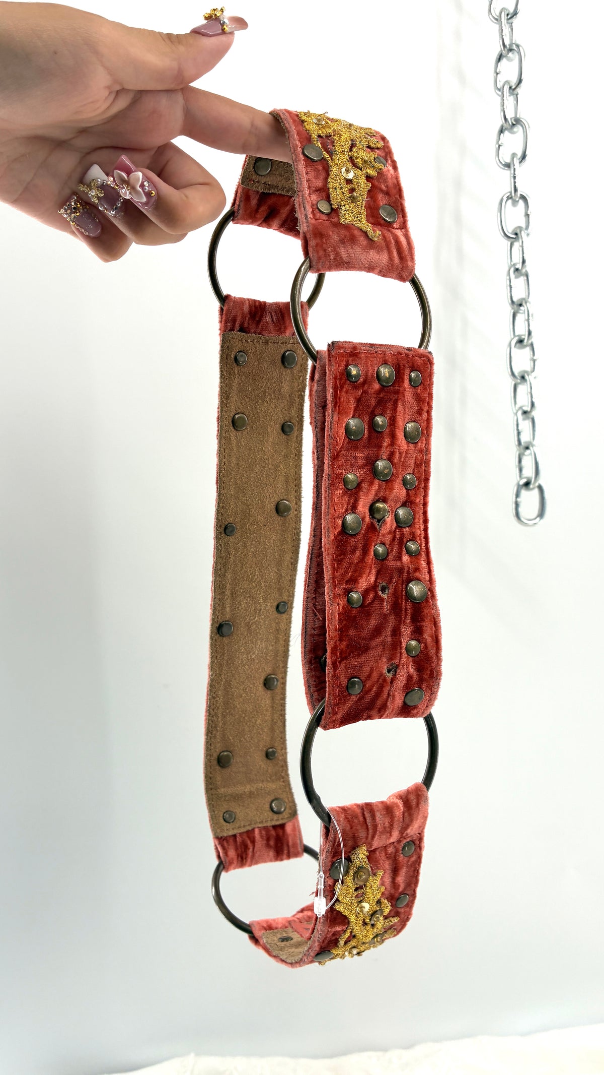 Vintage BETSEY JOHNSON Crushed Velvet Salmon Belt with Gold Appliqué and Metal Studs (Small)