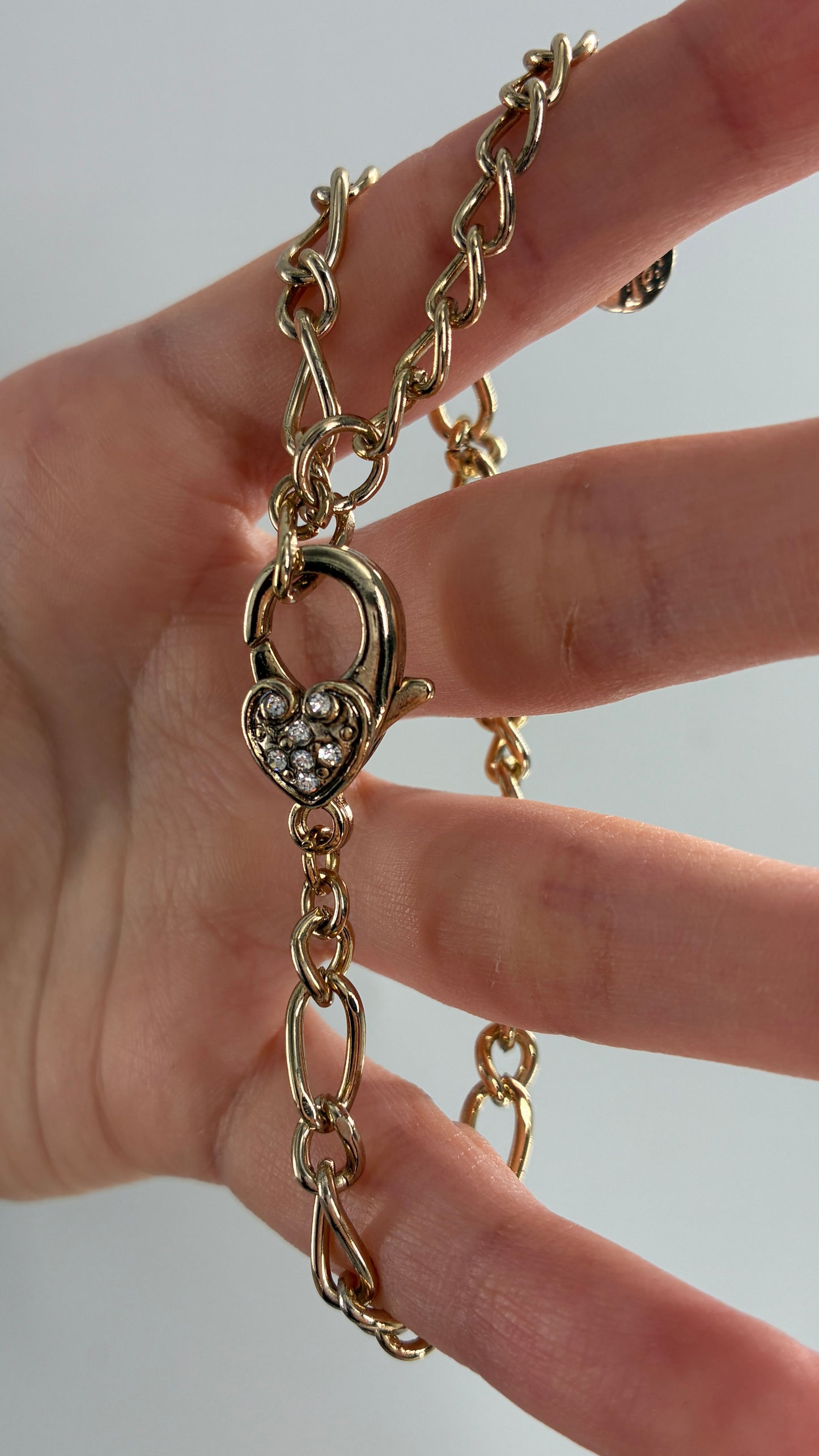 Gold Link Bracelet with Rhinestone Encrusted Heart Clasp