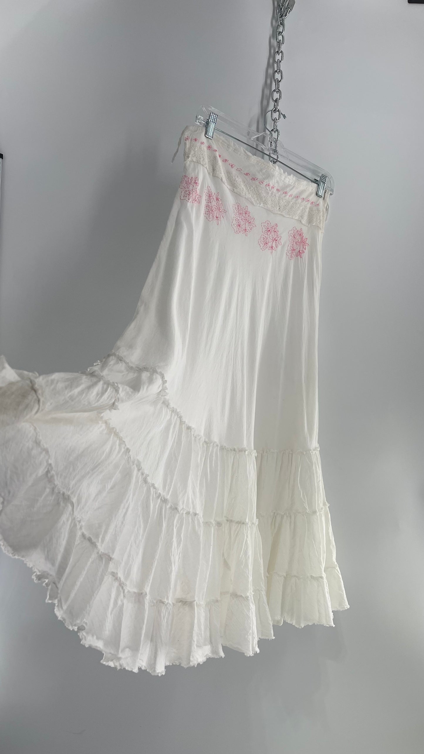 Vintage La Belle White Tiered Maxi Skirt with Pink Embroidery (9)