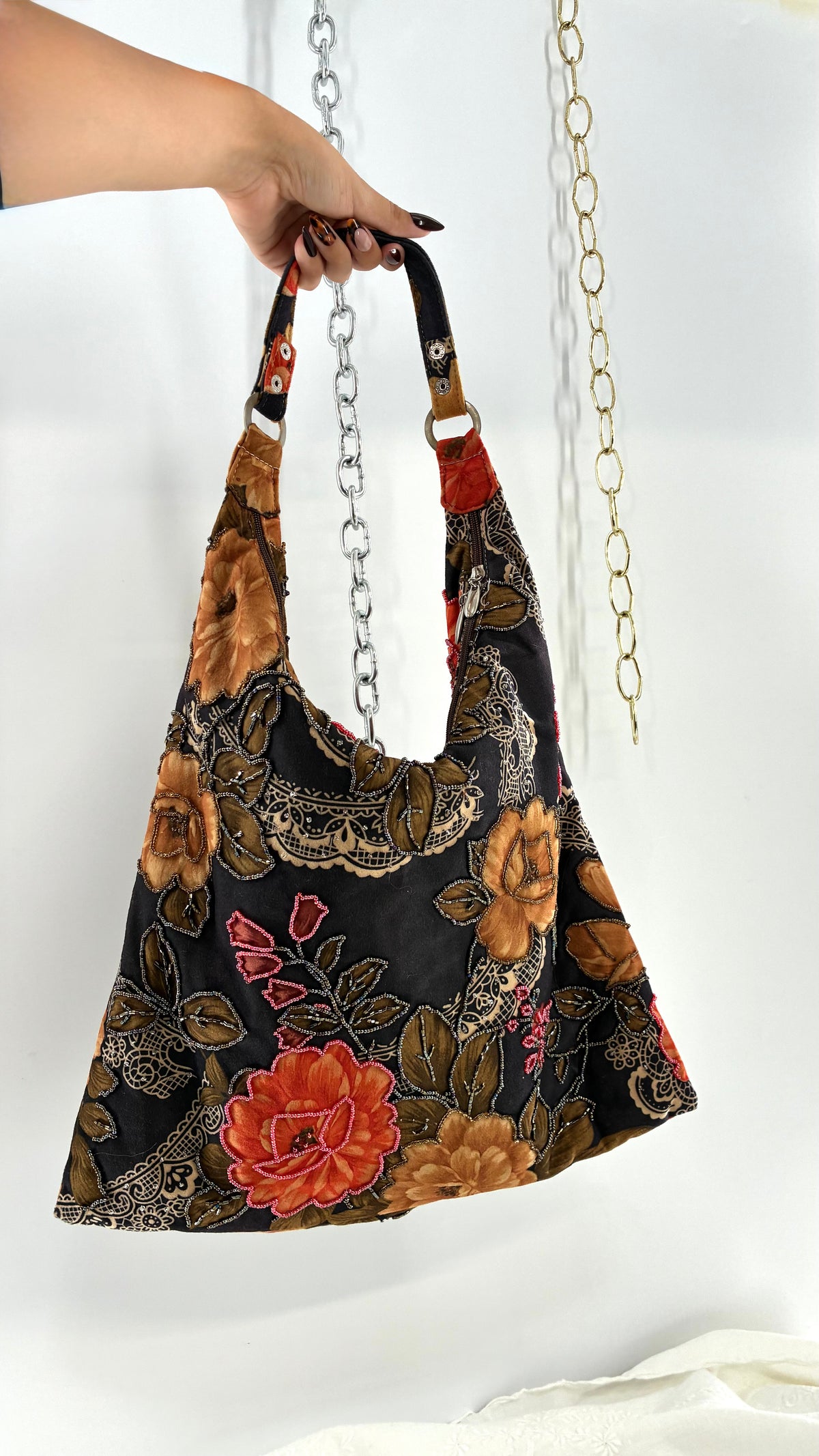 Vintage Brown Floral Paisley Beaded Hobo Shoulder Bag