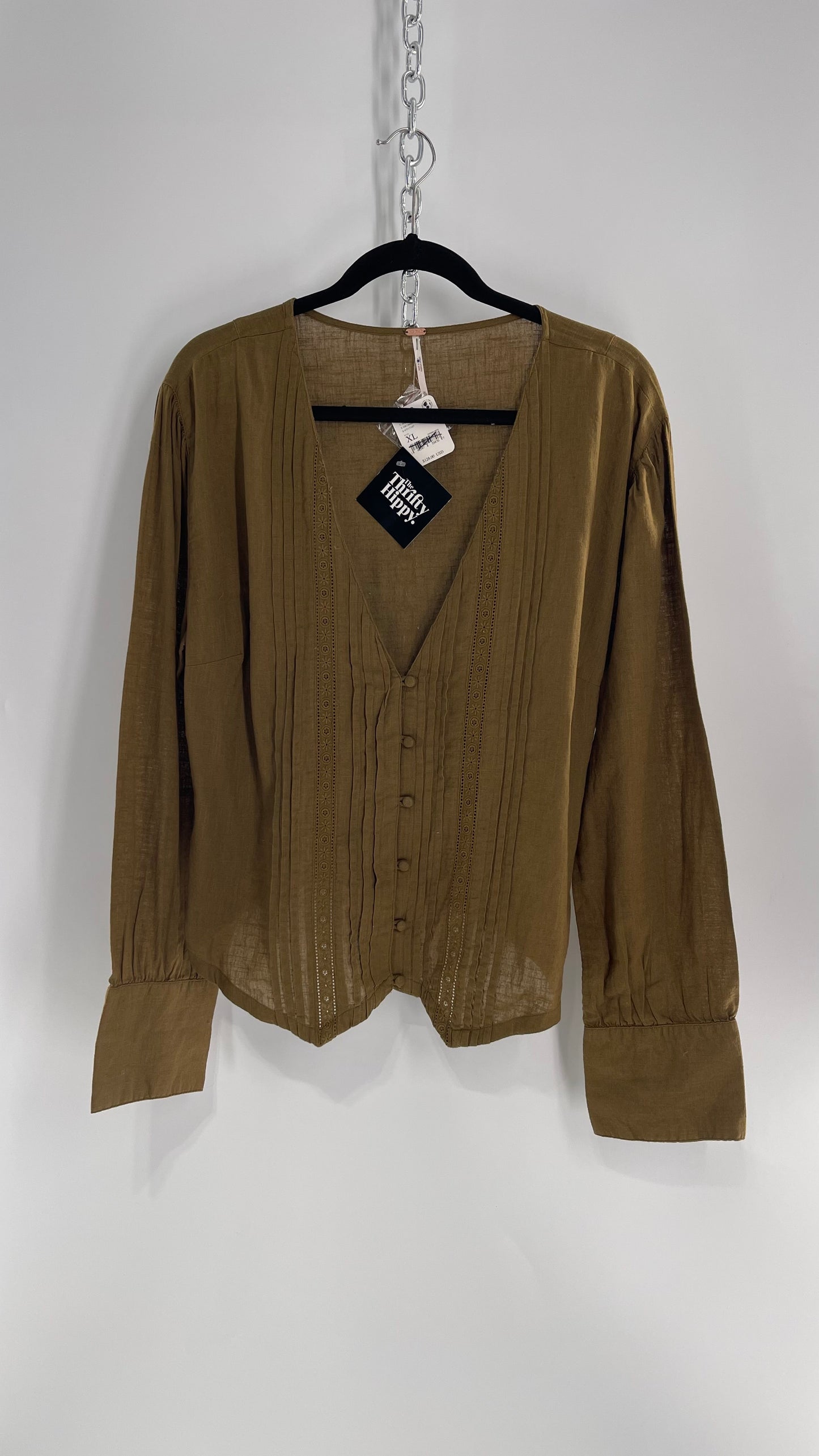 Free People Army Green Olive 100% Cotton Blouse with Pleats, Tie Back, Eyelet Lace Details, and Tags Attached (XL)