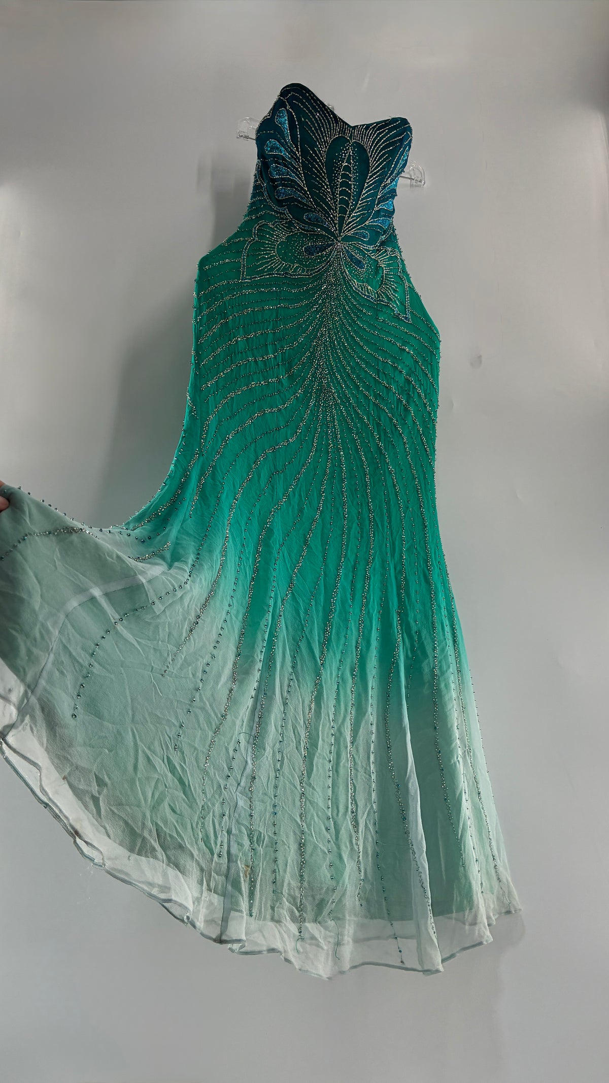 Vintage 1990s STUDIO17 100% Fully Beaded Silk Aquamarine Butterfly Dress (8)