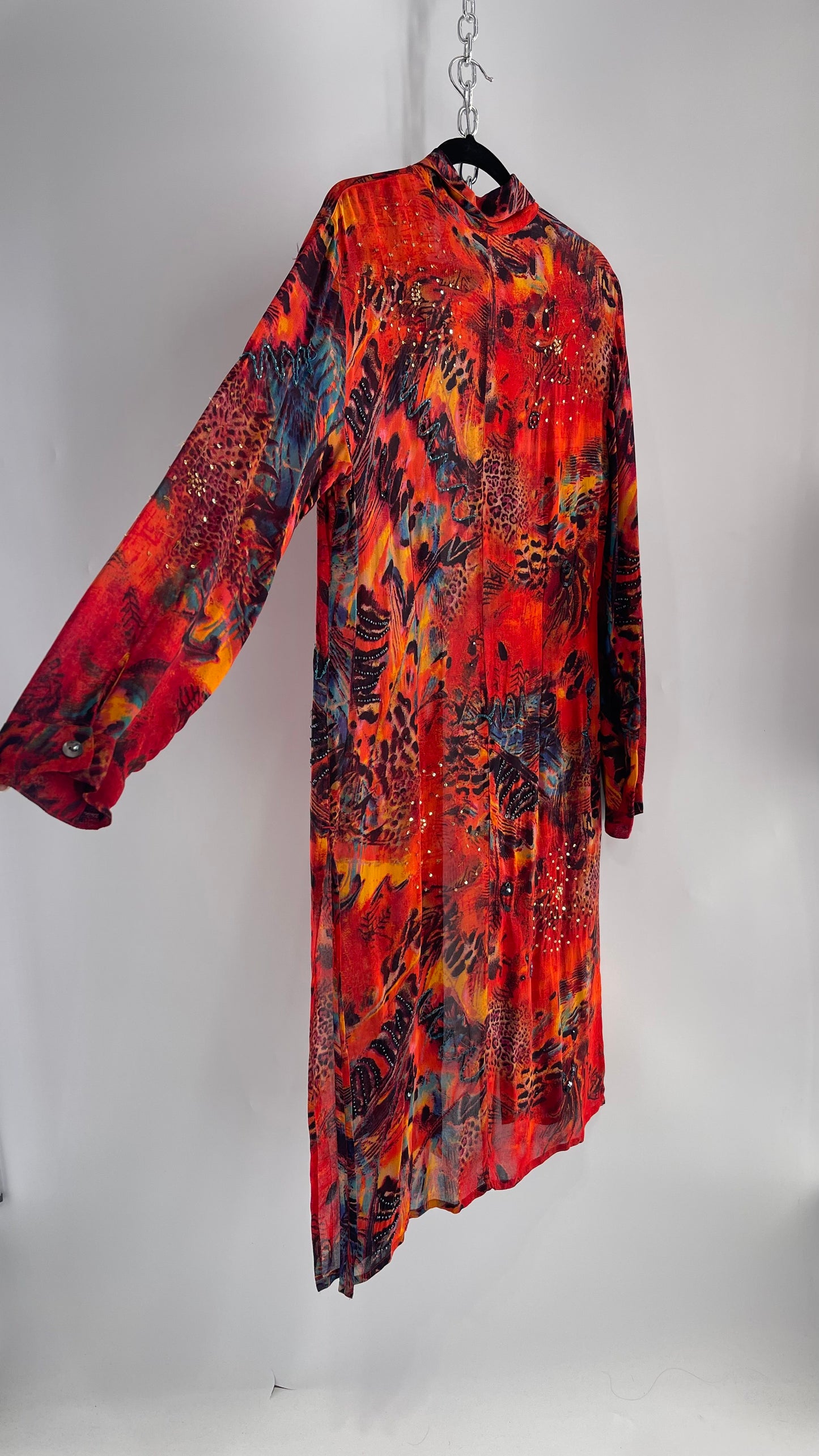 Vintage CHICOs Burnt Orange Sheer Duster Coat with Mixed Animal Print and Embroidery/Beading (XL)