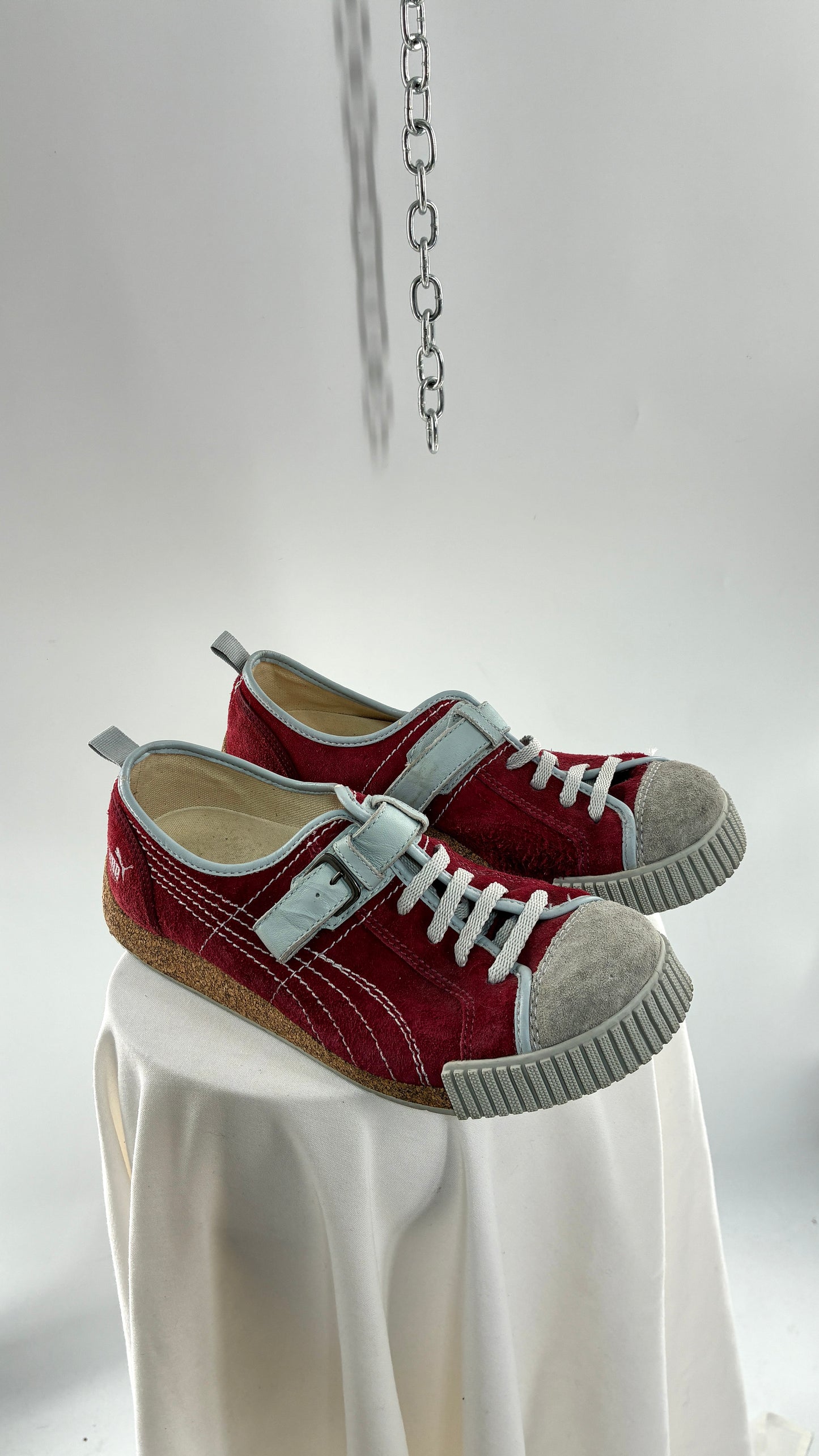 RARE 1/1 PUMA X Neil Barrett 2004 Maroon Red Suede Round Toe Sneaker with Powder Blue Stitching, Laces, and Velcro Buckle (11)