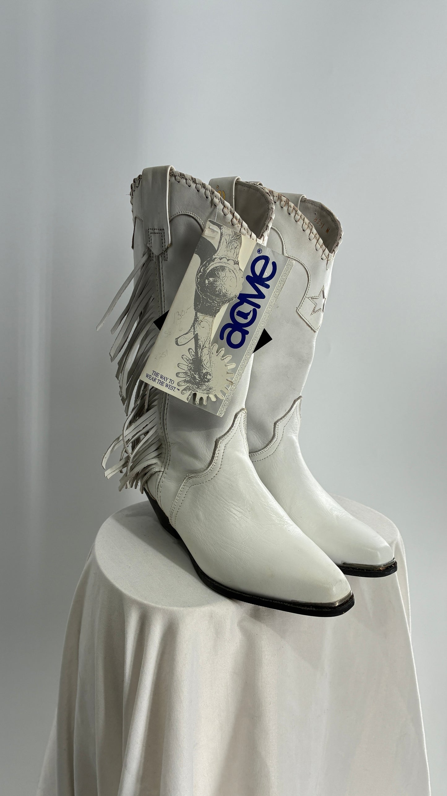 Deadstock Vintage ACME White Cowboy Boots with Braided Cuff, Fringe Sides(6)