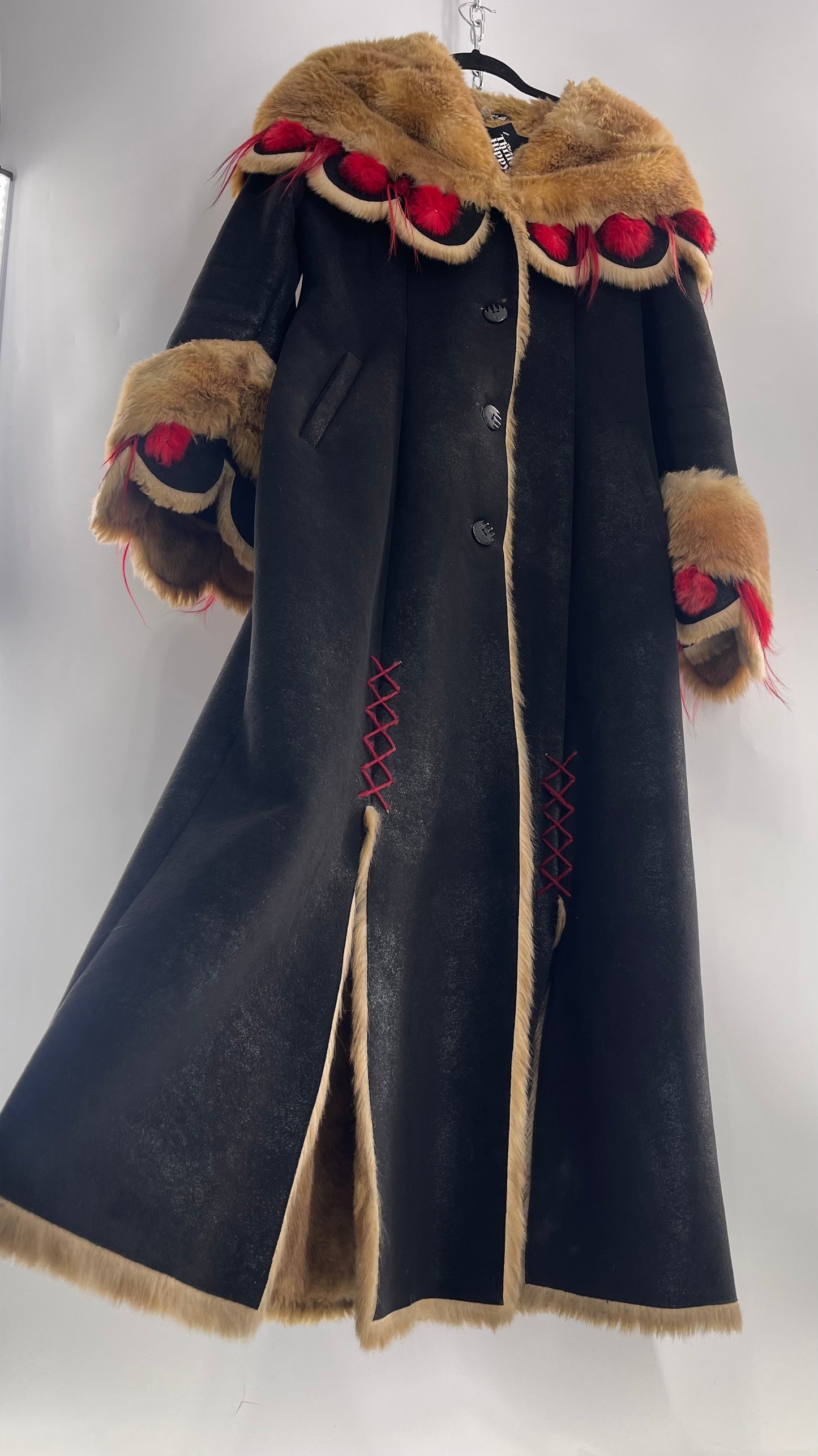 Vintage Russian Black Coat with Brown Fur Piping/Lining, Red Feathers, Scalloped Sleeve, and Hood (Medium)