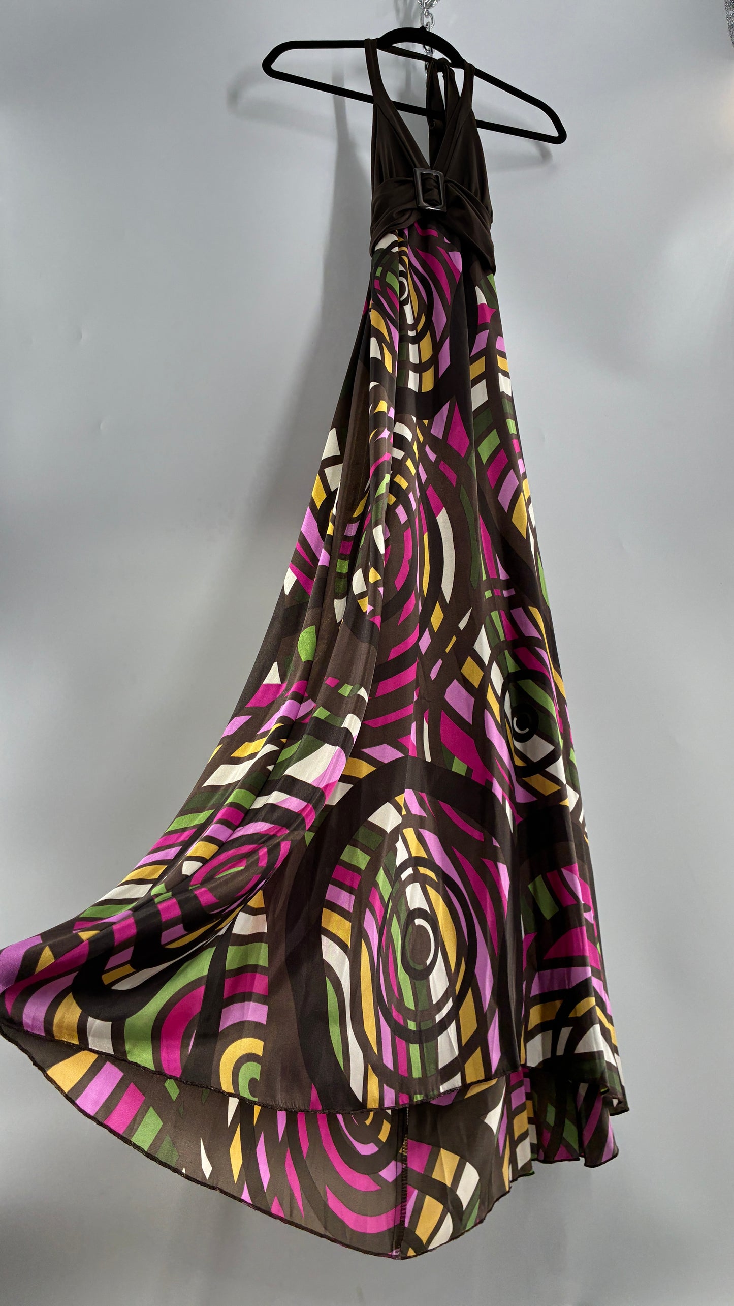 Vintage Candies Brown Patterned Gown with Belted Bust and Halter Neckline (Medium)