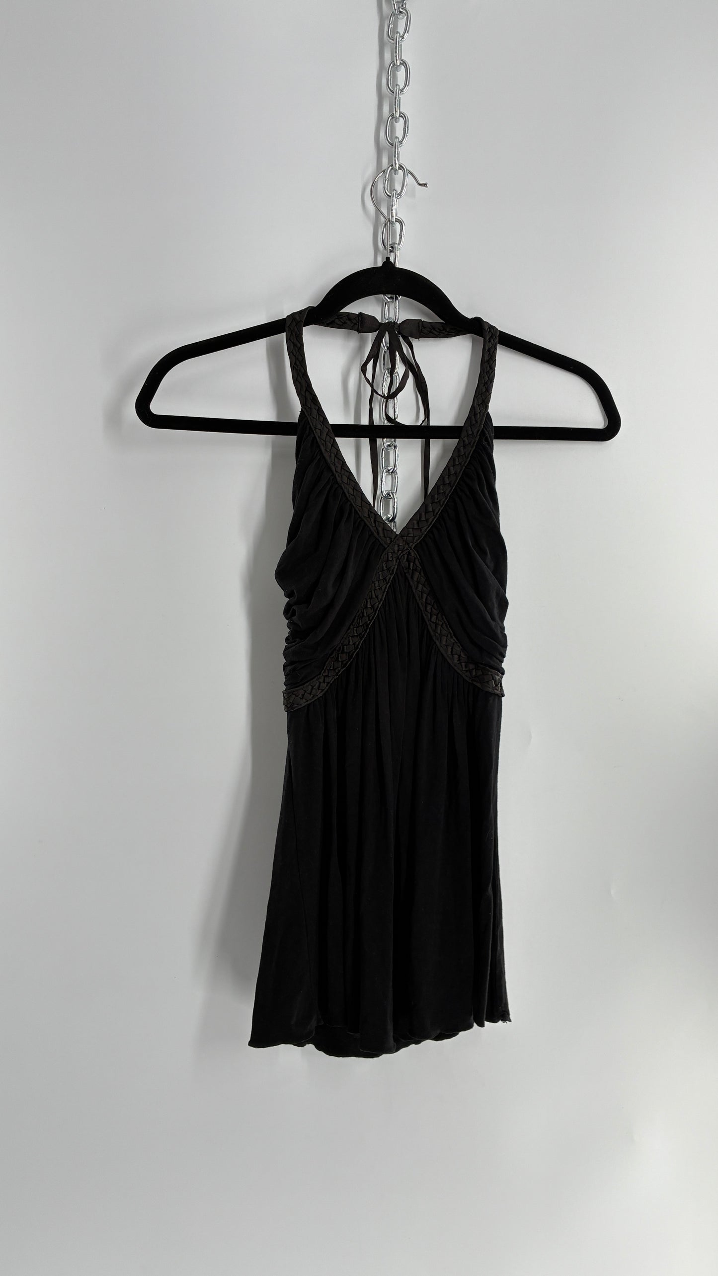 Vintage 1990s Dating Clothing Black Halter with Braided Detail (Small)