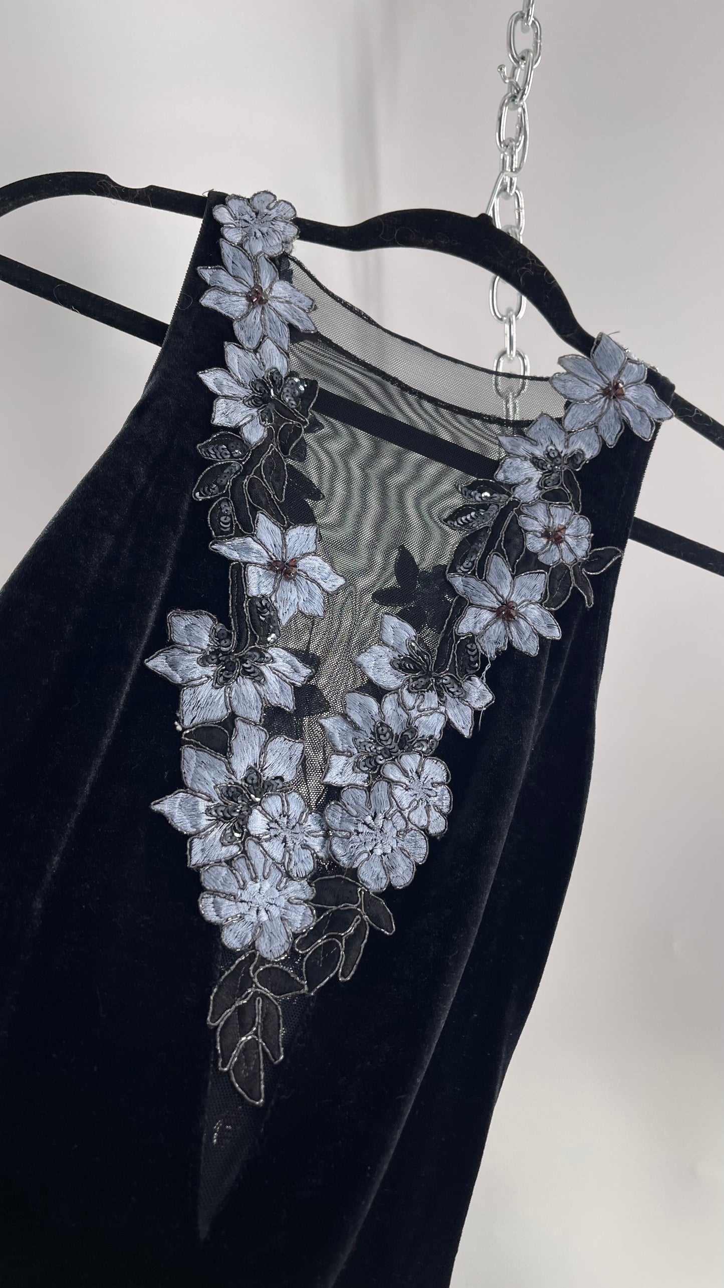 Vintage Jessica McClintock Black Velvet Fit And Flare Gown with Plunging Neckline Covered in Embroidered Beaded Pale Blue Flowers (2)