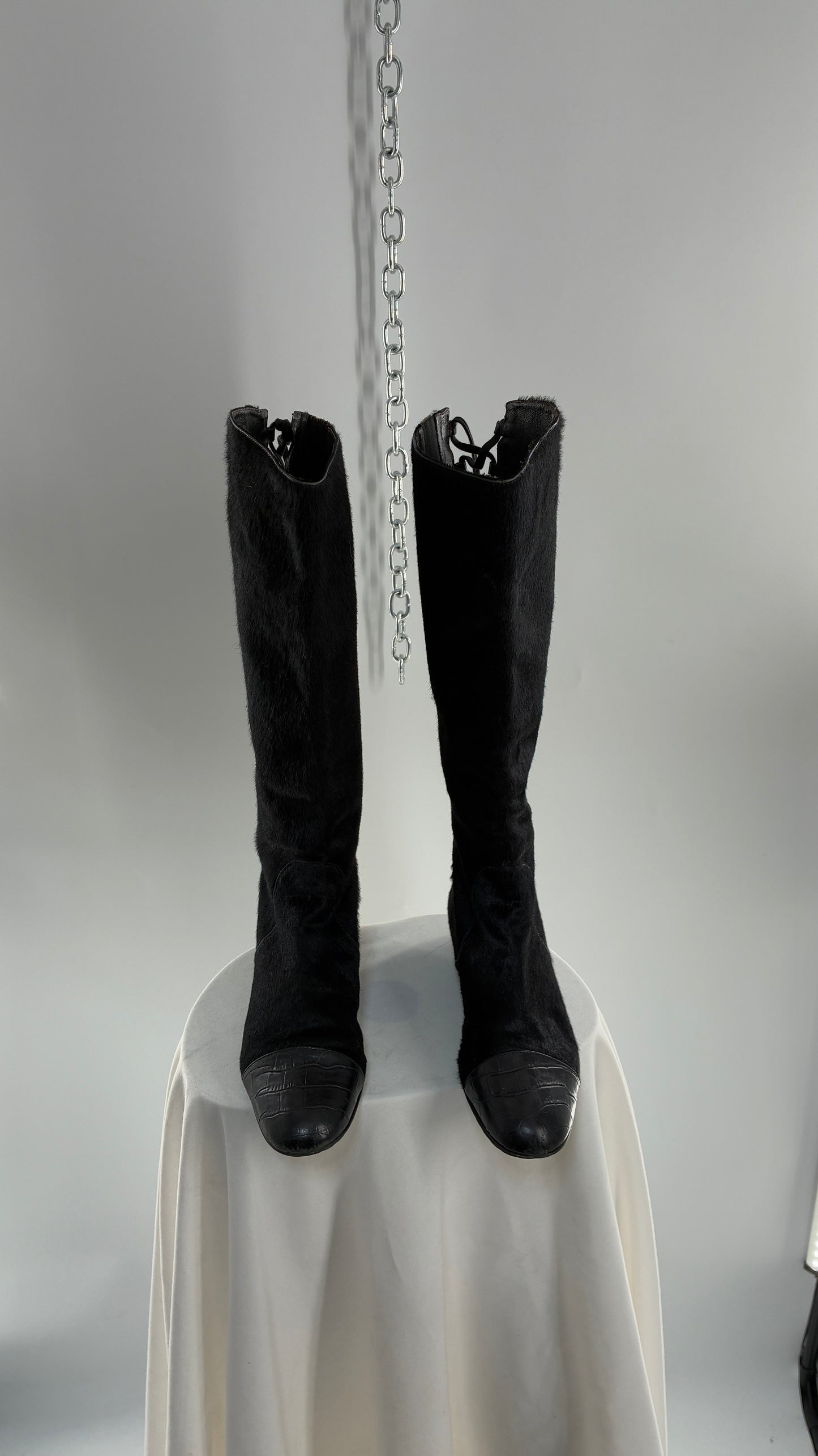 Vintage MIGLIORINI Black Genuine Calf Hair/Fur Boots with Heel, Made in Italy (7.5)