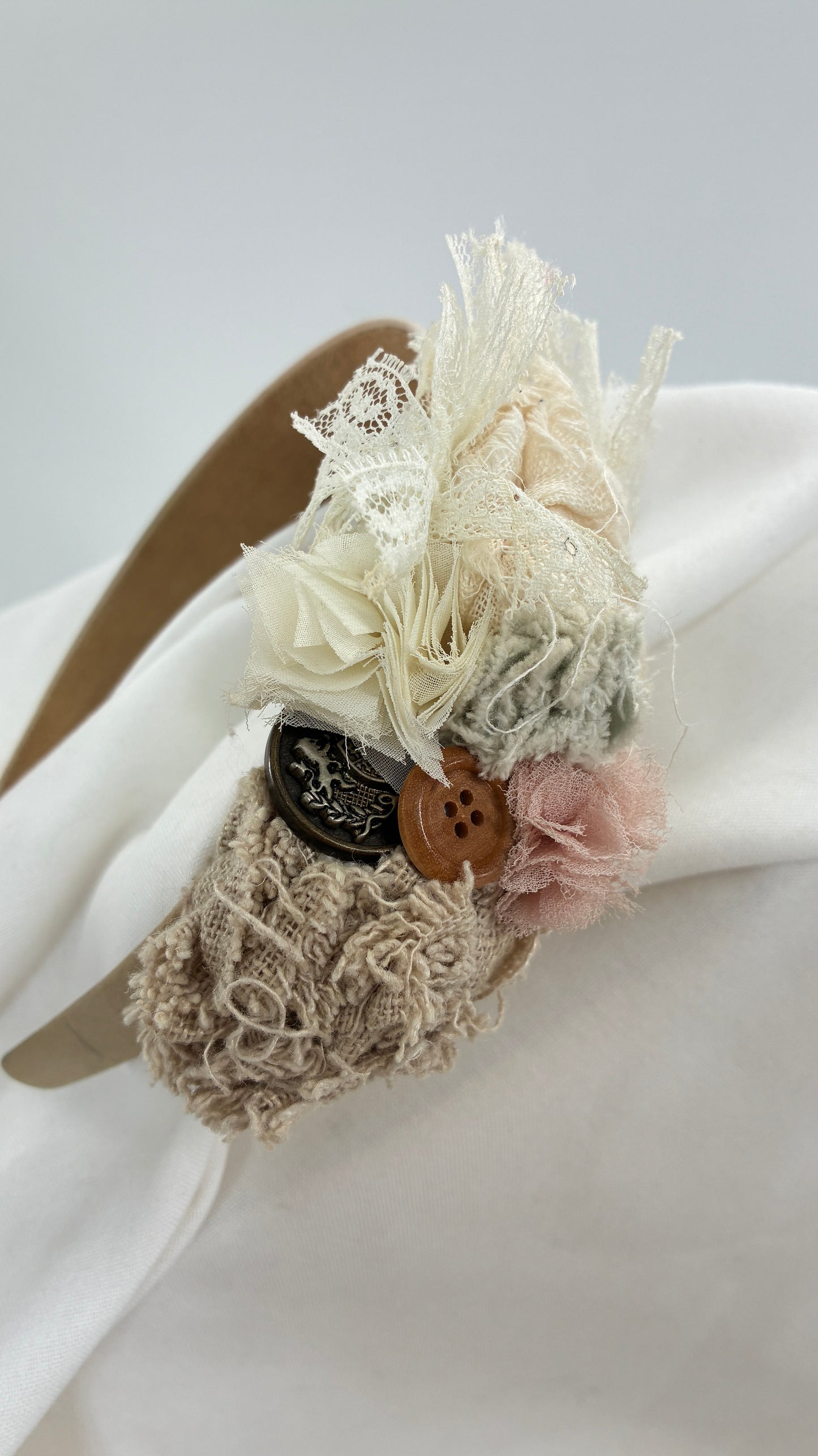 Vintage FARMER Handmade Headband with Ribbon, Flower, Button Appliqués