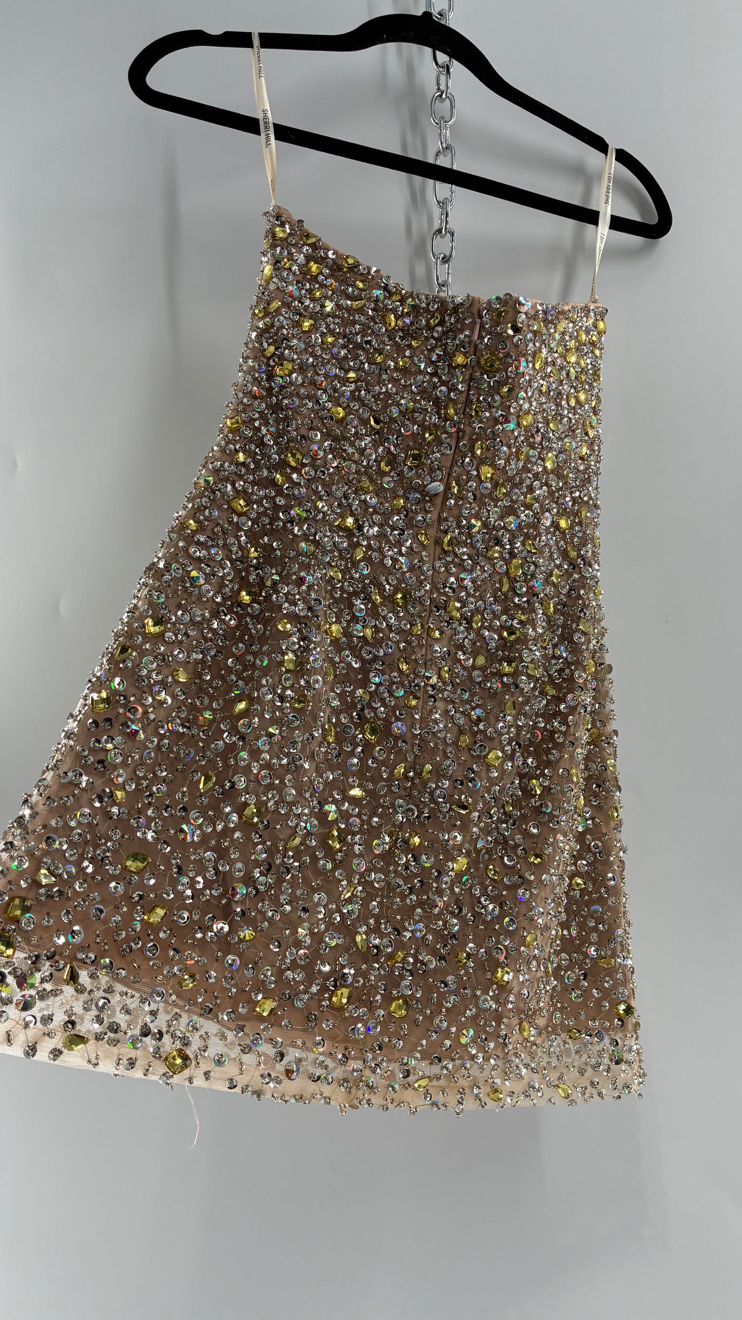 Vintage SHERRI HILL Nude Tan Underlay Mini Dress, Full Bedazzled and Covered in Beads  (6)