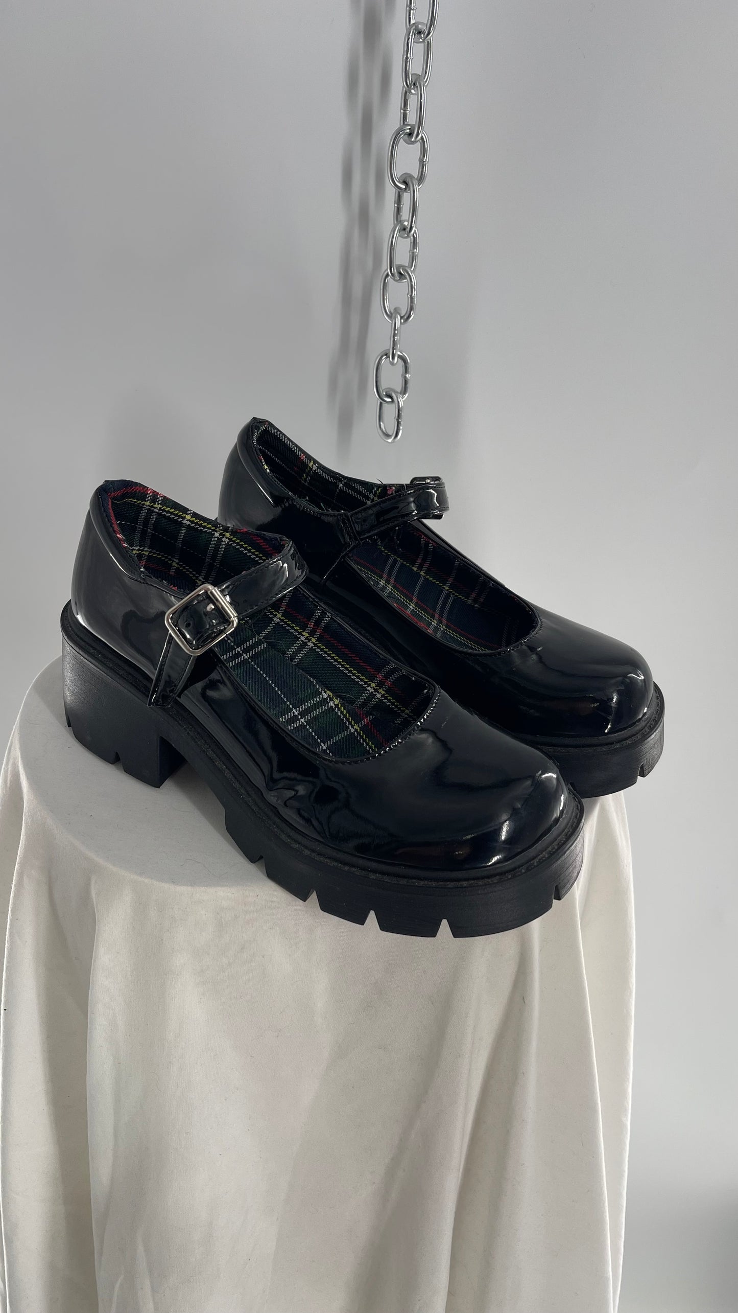 Black Patent Mary Janes with Chunky Platform and Plaid Lining (8)