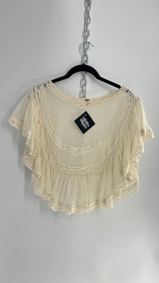 Free People Off White Mesh Lace Trim Bib/Collar Cropped Blouse (Medium)