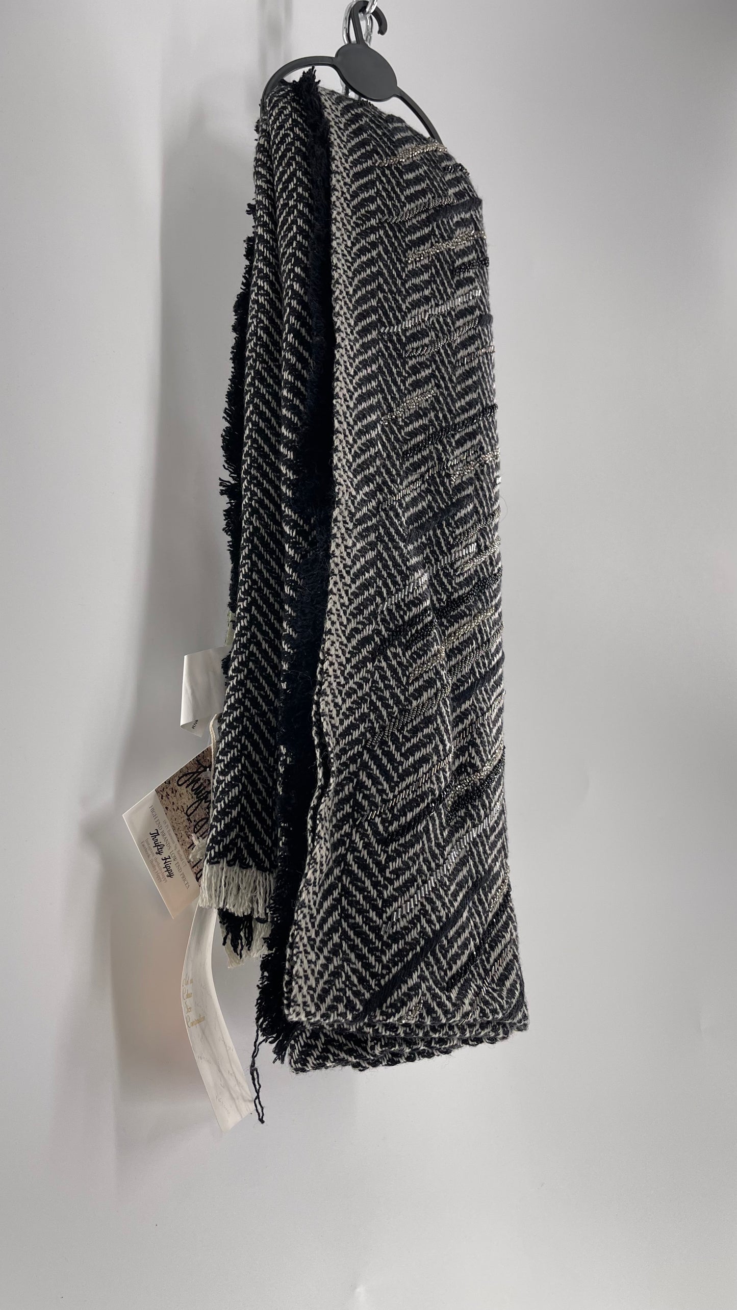 Anthropologie Pétanu Black and White 50% Cashmere 50% Silk Beaded Embellished Scarf with Tags Attached